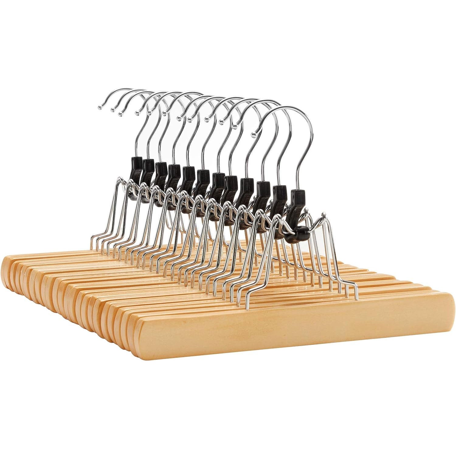 Set de 12 umerase din lemn pentru pantaloni, carlig antiderapant rotativ, 25cm, natural 12buc
