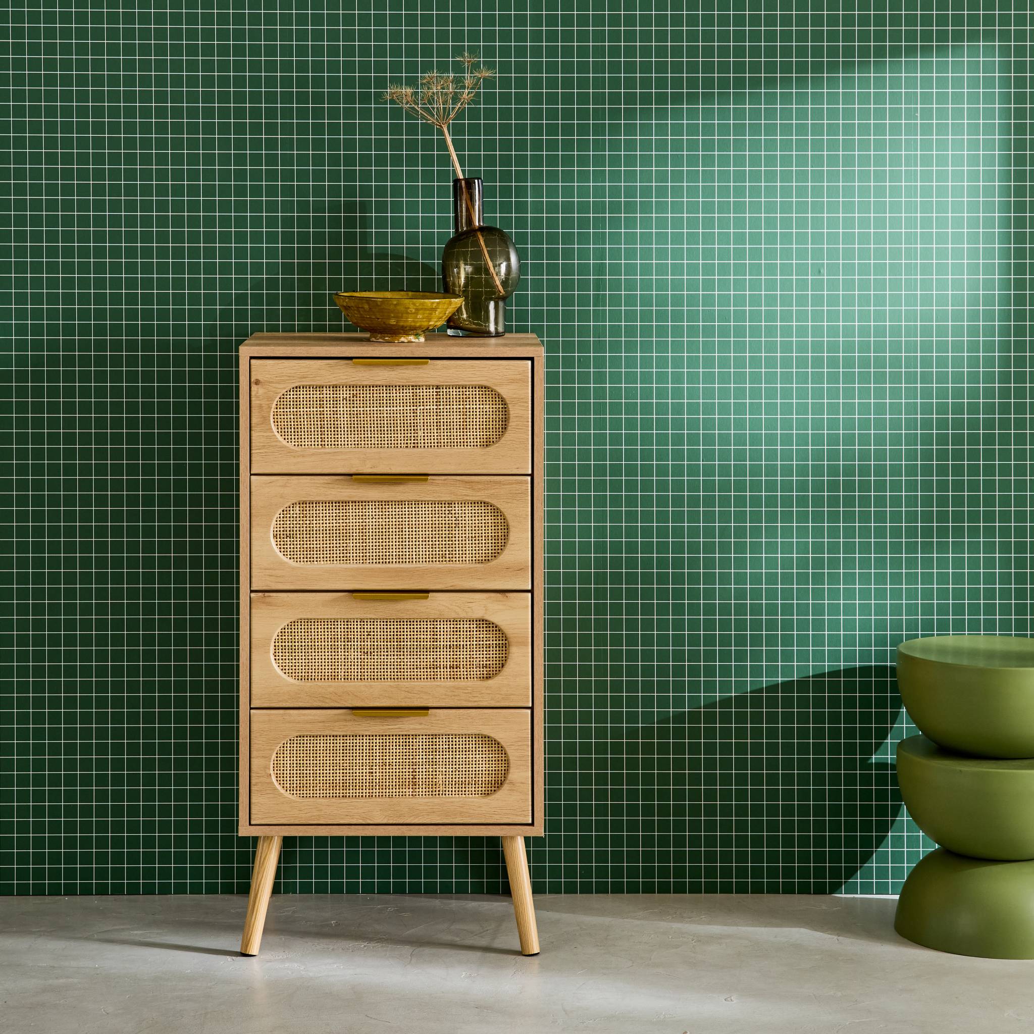 Commode chiffonnier effet bois et cannage 4 tiroirs naturel. poignée en métal doré - L 48 x P 39.5 x H 96 cm - Eva EVA - 3