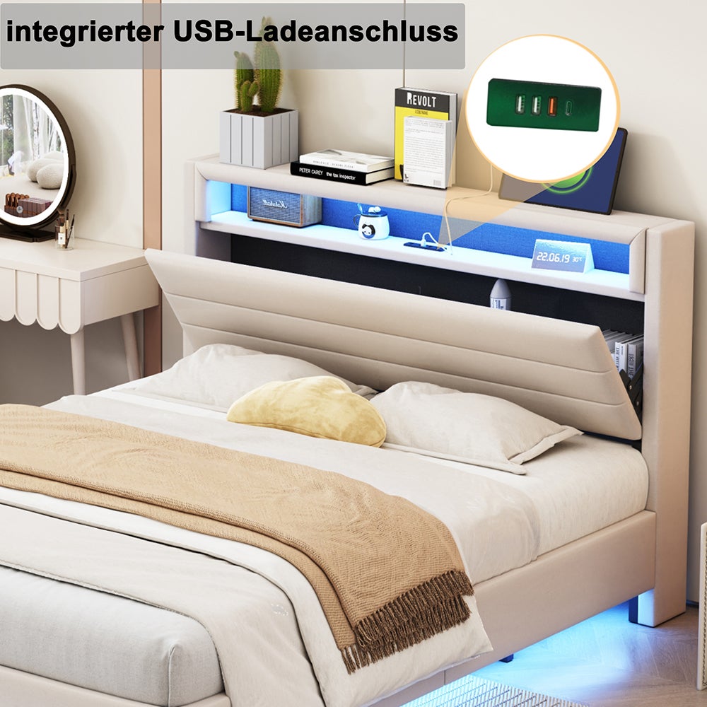 Lit adulte 160x200 cm Double avec connexion USB et éclairage LED Pied de lit caché Lin Beige - 6