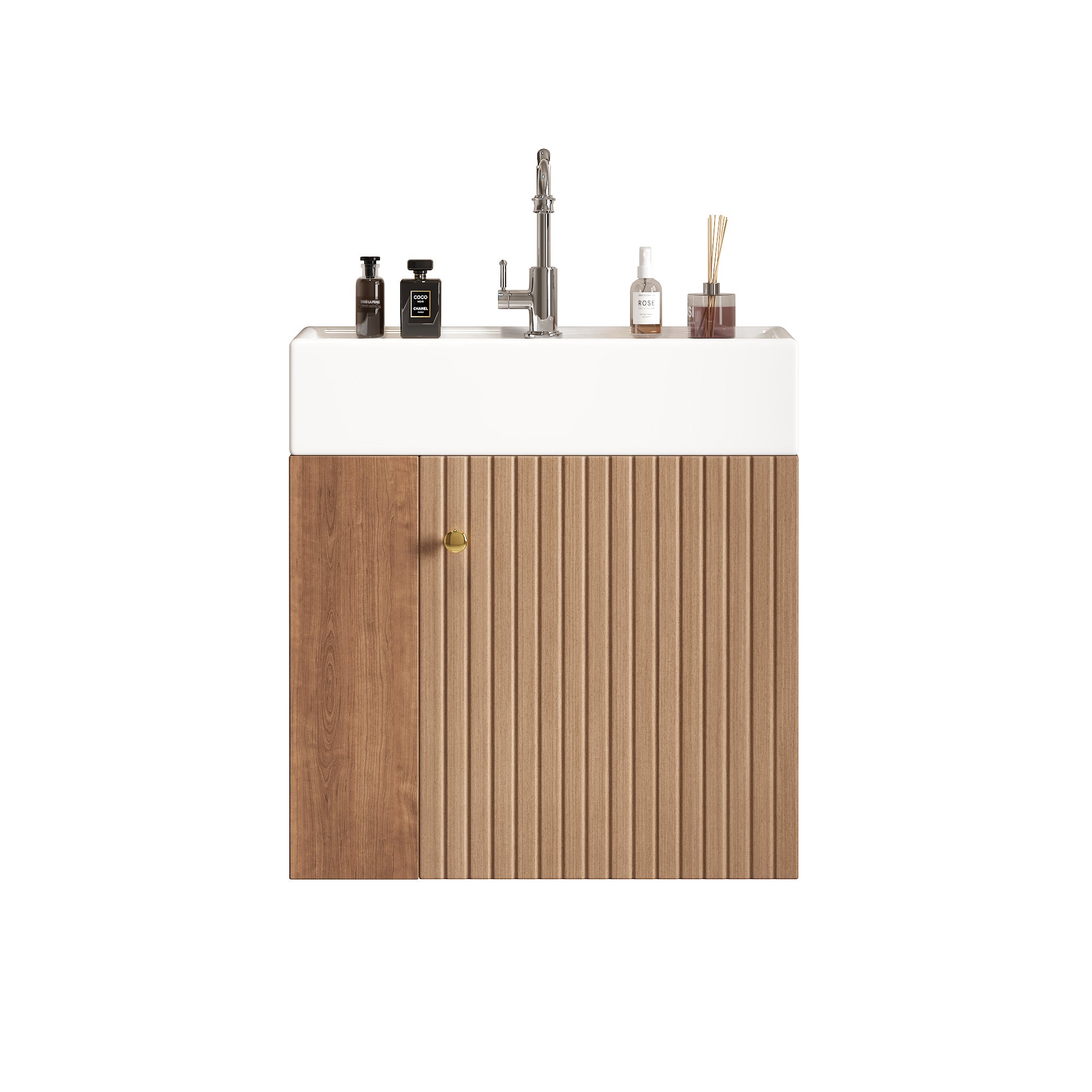 Mobile bagno sospeso con lavabo singolo, base con lavabo in ceramica - 55 x 31 x 66,5 cm - MDF - Marrone - 4