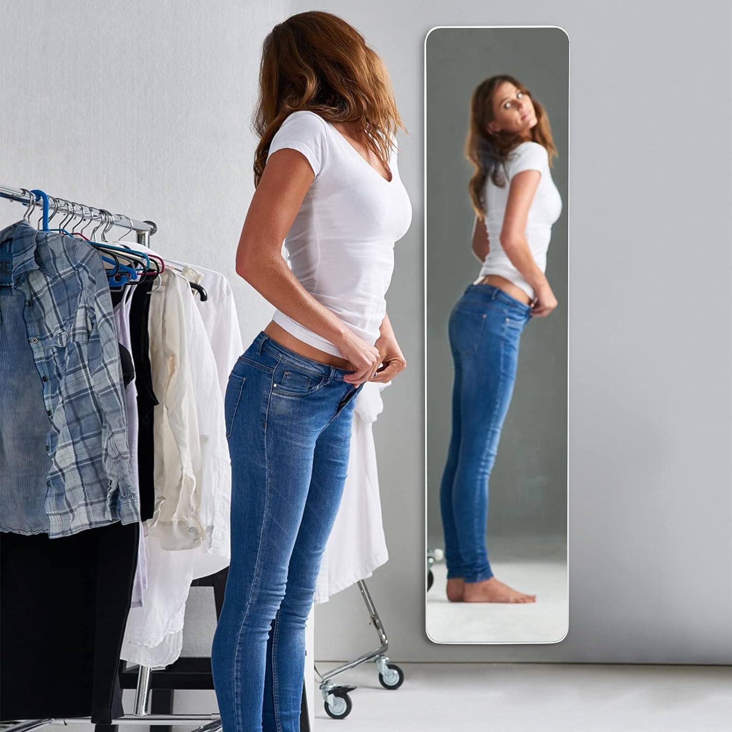 2 in 1 Specchio da Terra, Grande Specchio Autoportante a Figura Intera 160 x 37 cm, per Camera da Letto, Soggiorno - 4