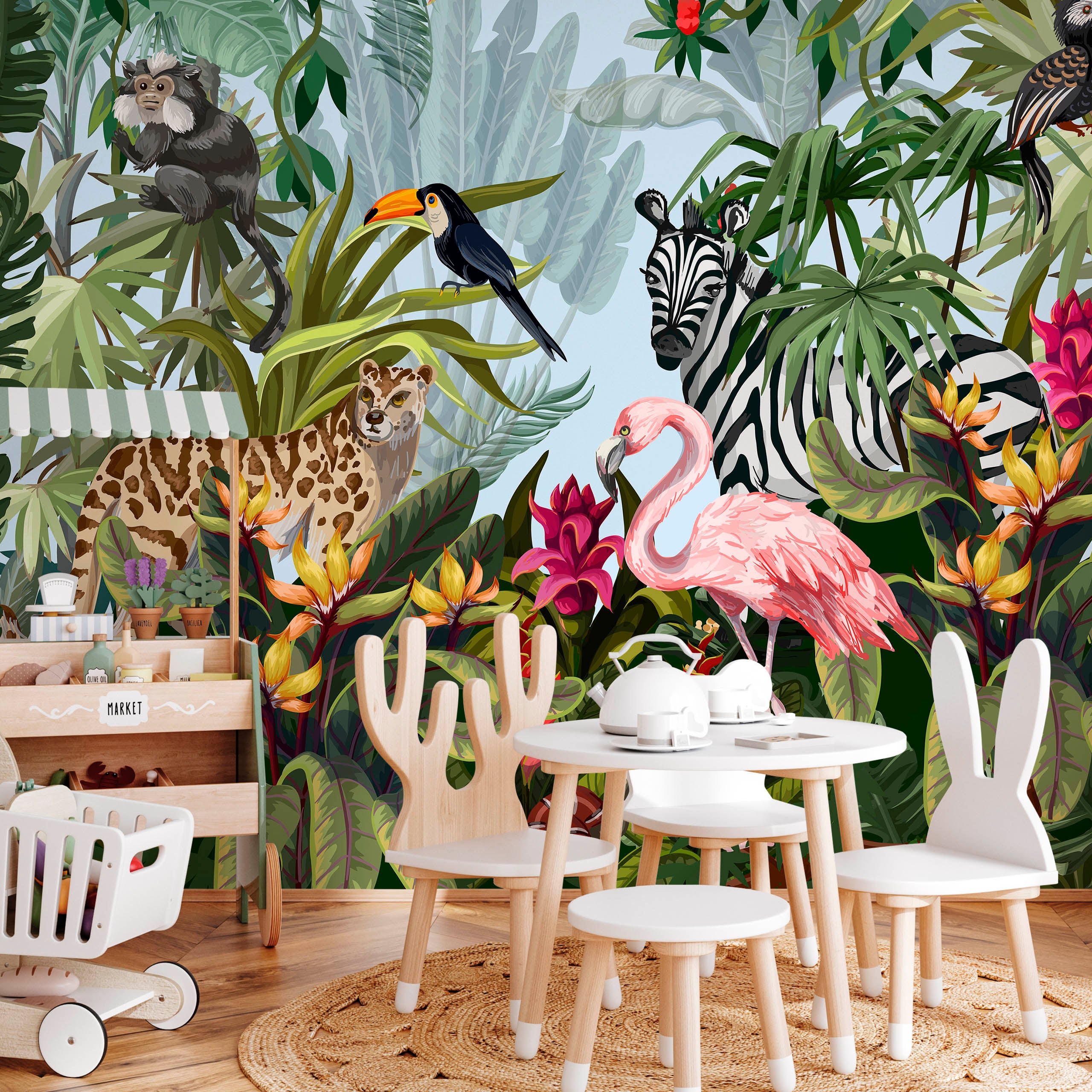Papier Peint Panoramique Intissé ANIMAUX SAUVAGES Plantes Tropicales Fleurs Feuilles 180 cm x 120 cm - Colle Inclus - Pour Chambre Enfants - 7