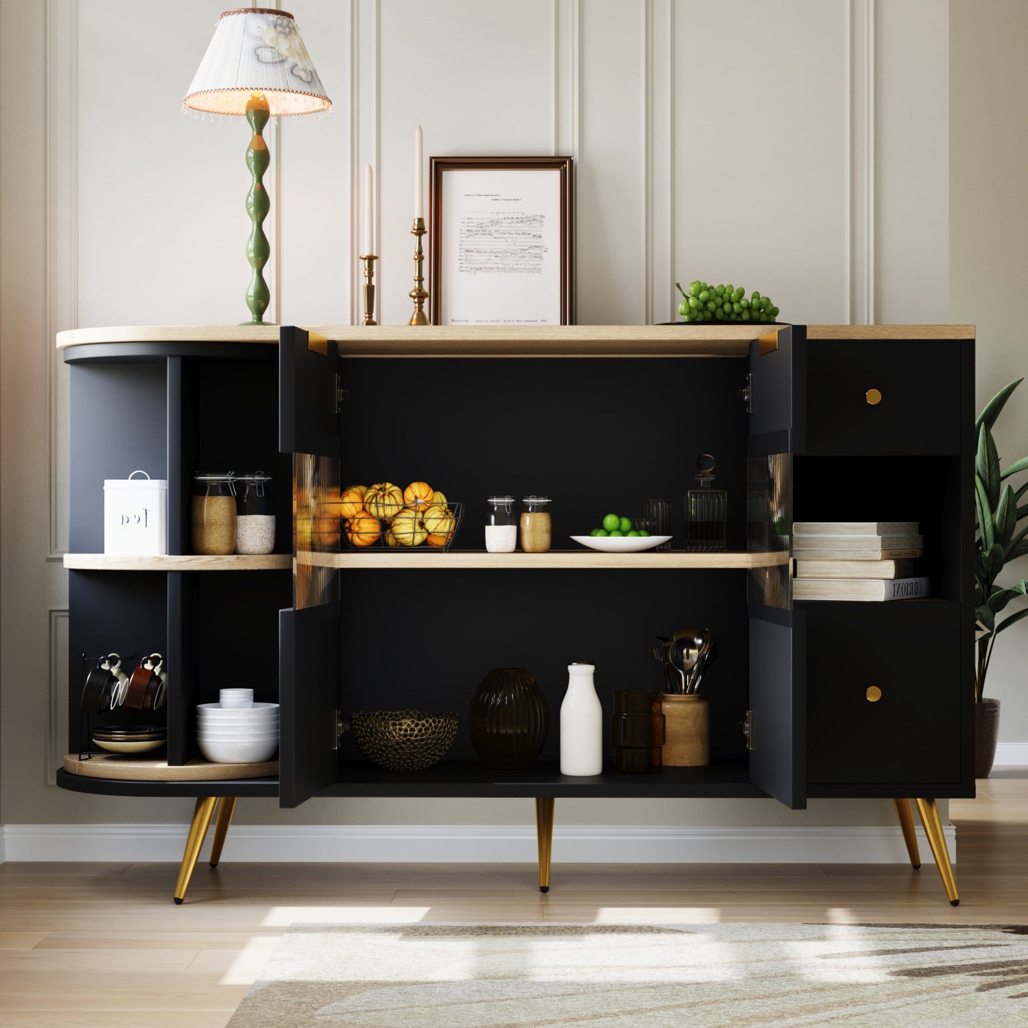 Buffet Salon/cuisine Avec éclairage LED – Dimensions 140x40x175 Cm – MDF, étagères Réglables, Couleurs Lumière Variables – Noir