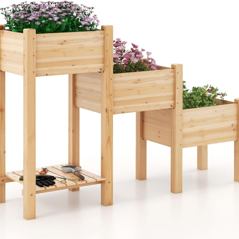 Podwyższona grządka, 3 poziomy, podwyższona grządka ogrodowa z półką, skrzynka na rośliny z drewna, grządka na rośliny z otworami drenażowymi