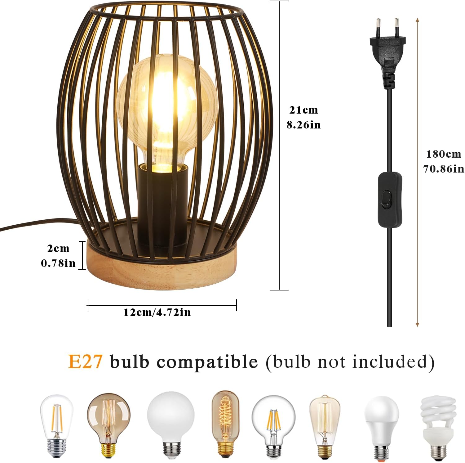 COMELY Lampe de Chevet Vintage Industriel Bois et Métal Noir E27, Lampe de Table Design pour Chambre Salon Bureau Décoration - 6