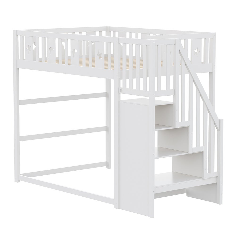 Lit superposé enfant 140x200 bois massif avec escalier et barrière sécurité étoiles-lune blanc - 9