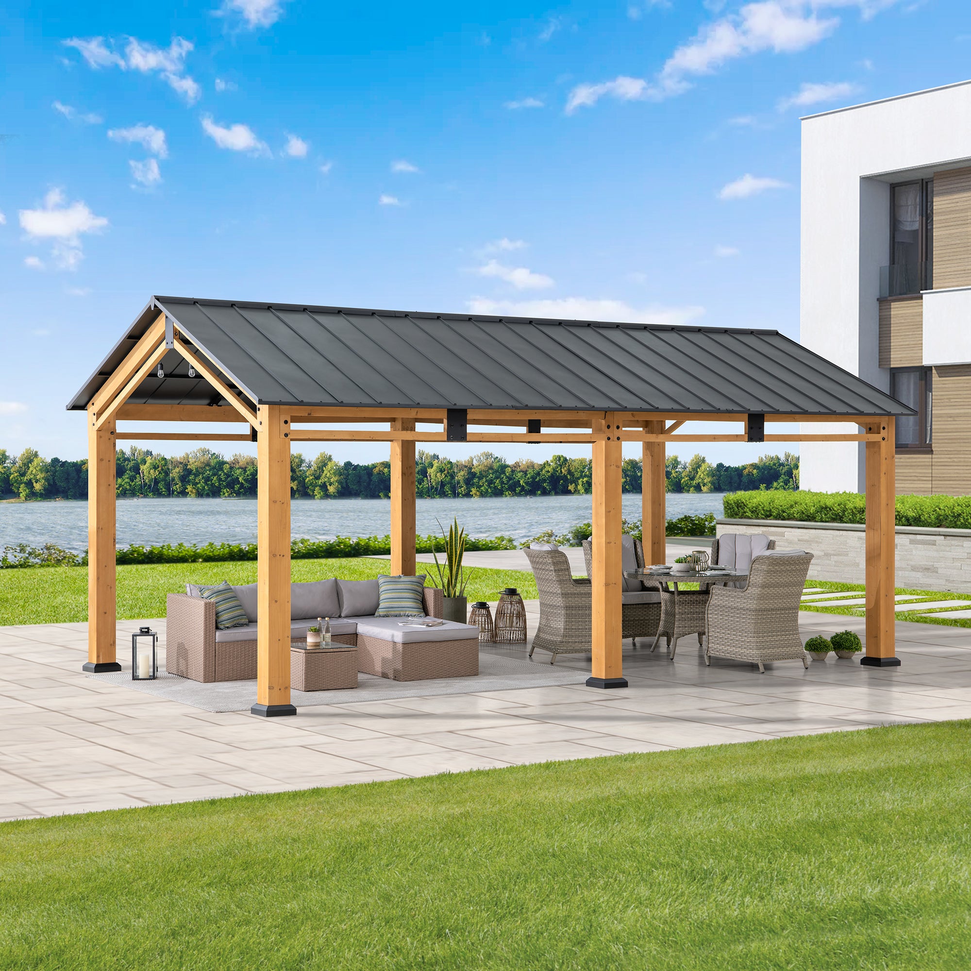 Carport en bois de cèdre DIRAN - 336 cm x 603 cm, anthracite - 2