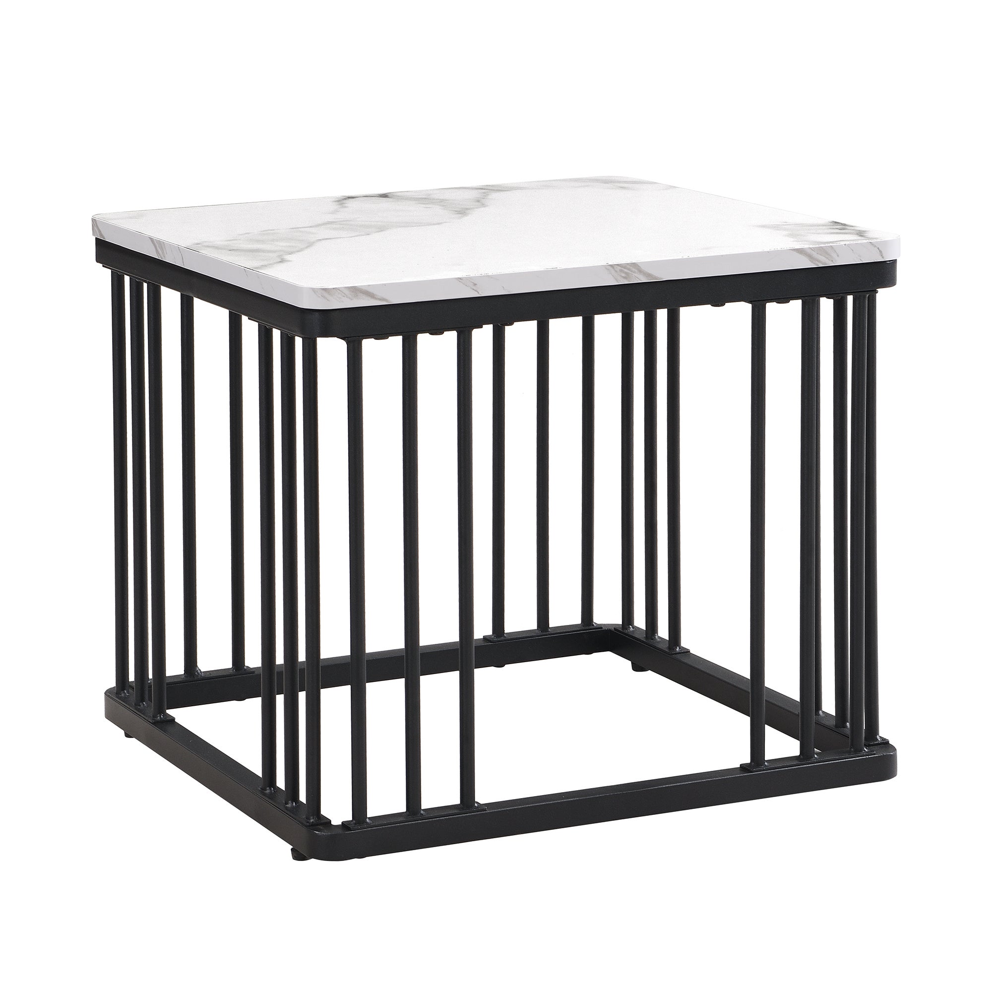 Zestaw 2 kwadratowych stolików kawowych - 60x60x45cm + 45x45x40cm - Wzór marmuru - Płyta MDF, drewno i metal - Biały + czarny - 8