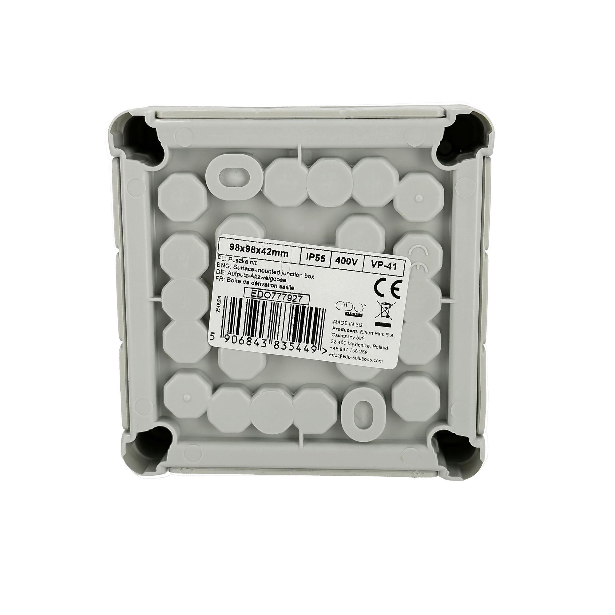 Puszka natynkowa hermetyczna 98x98x42mm 12-wlotowa, z dławikami gumowymi, IP55 zamknięcie 