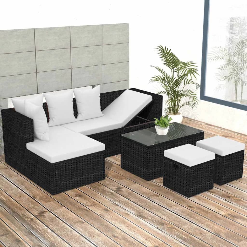 vidaXL Set muebles de jardín 4 piezas y cojines ratán sintético negro