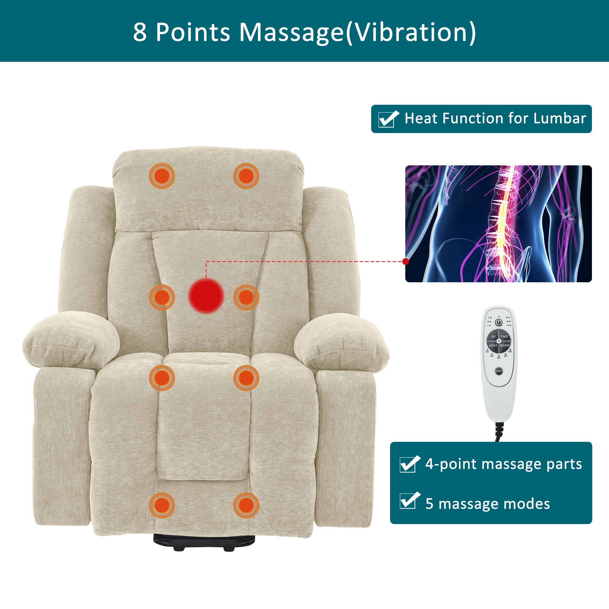 Fauteuil de massage électrique inclinable avec massage 8 points et fonction chauffante - 95 x 94 x 107 cm - Prise USB - Tissu en chenille - Beige - 10