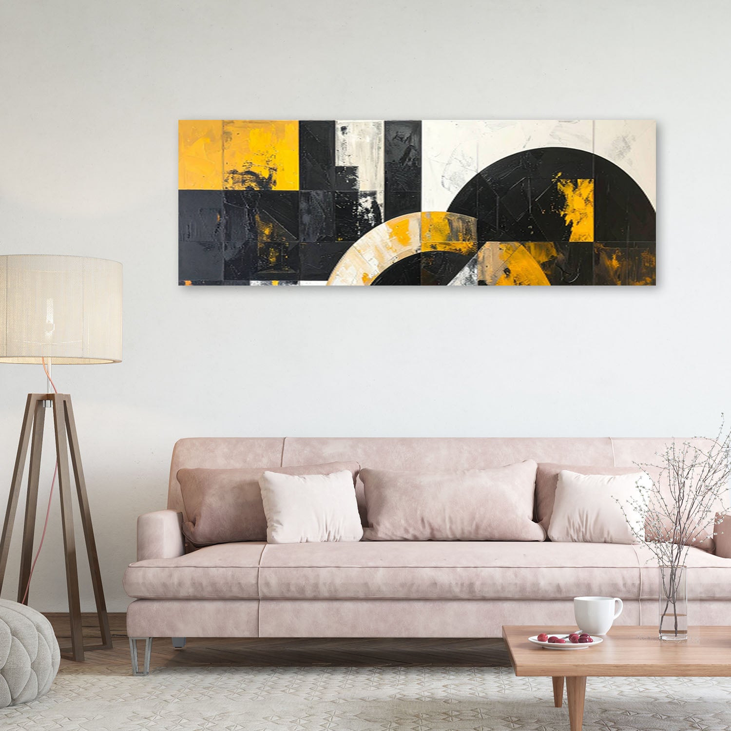 Obraz do salonu biura, Abstrakcja koła kształty czarno żólty 120x40 - 2