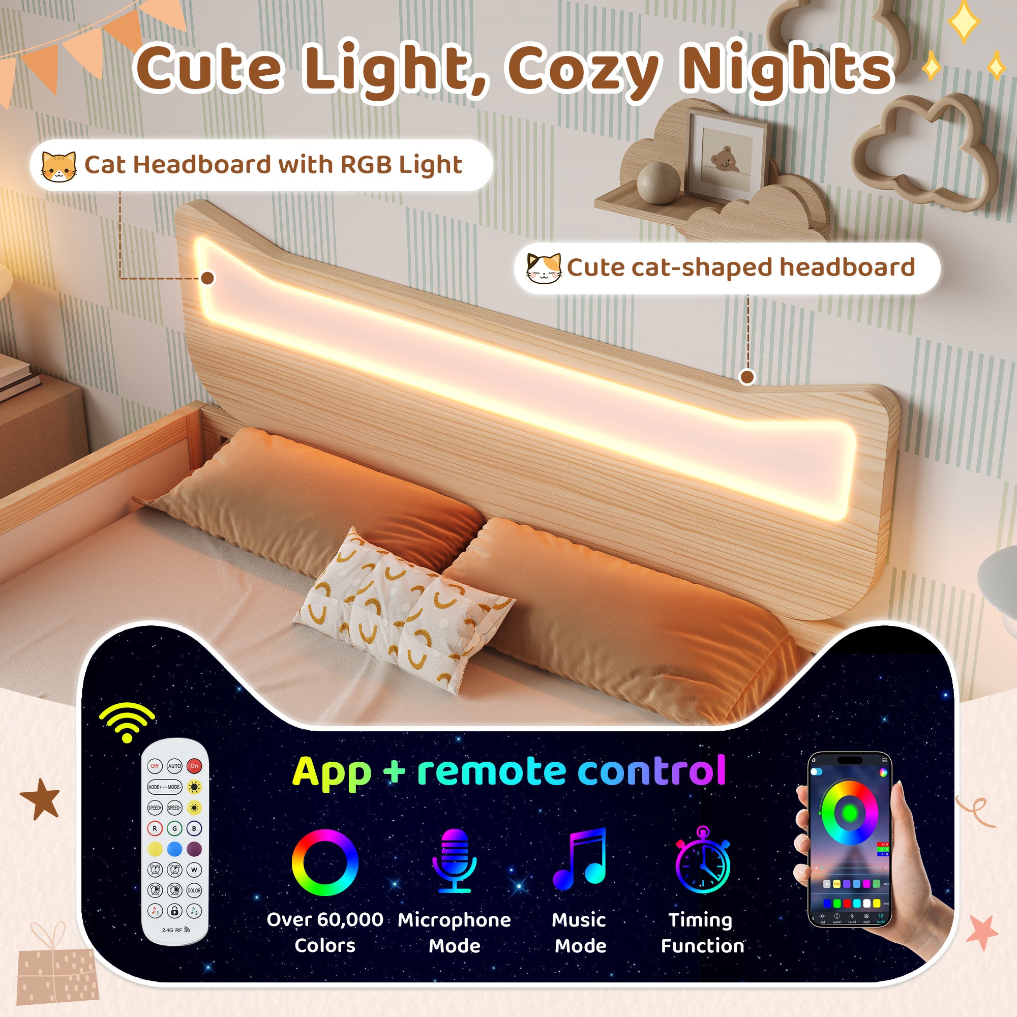 Lit enfant 90×190 cm avec RGB LED et tête de lit oreilles de chat,Lit simple avec tiroirs et compartiments de rangement,Blanc+chêne(Sans matelas) - 4