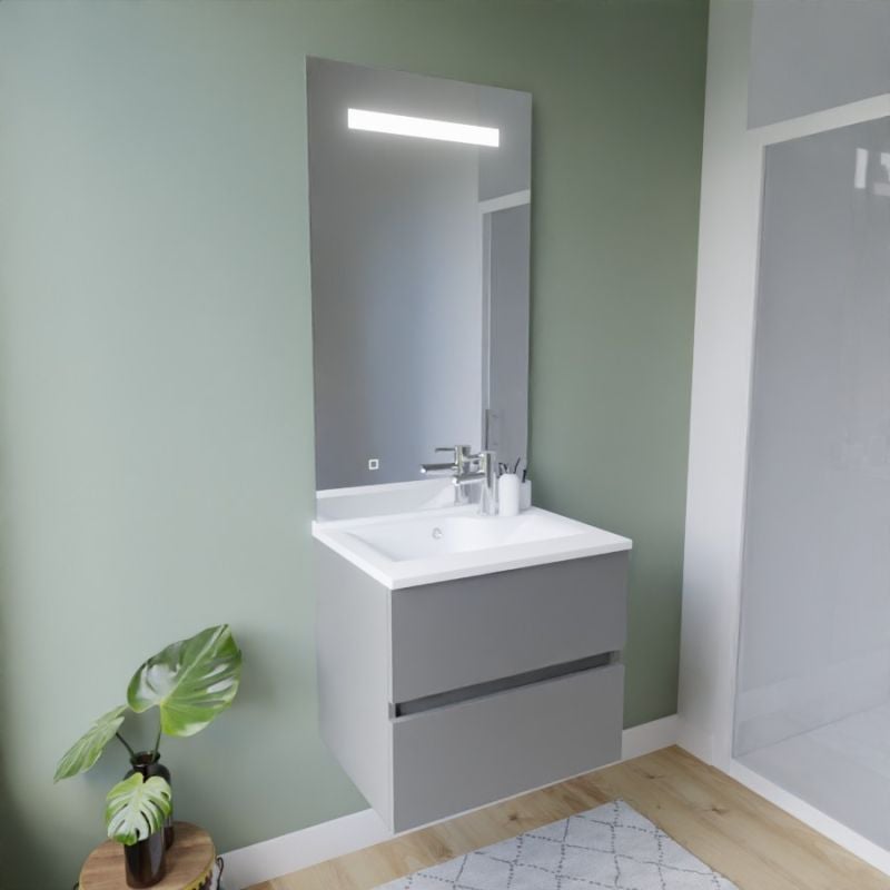 Meuble vasque ROSALY INOX 60 cm + miroir Elégance ht105- Gris- Plan vasque en Résine - 2