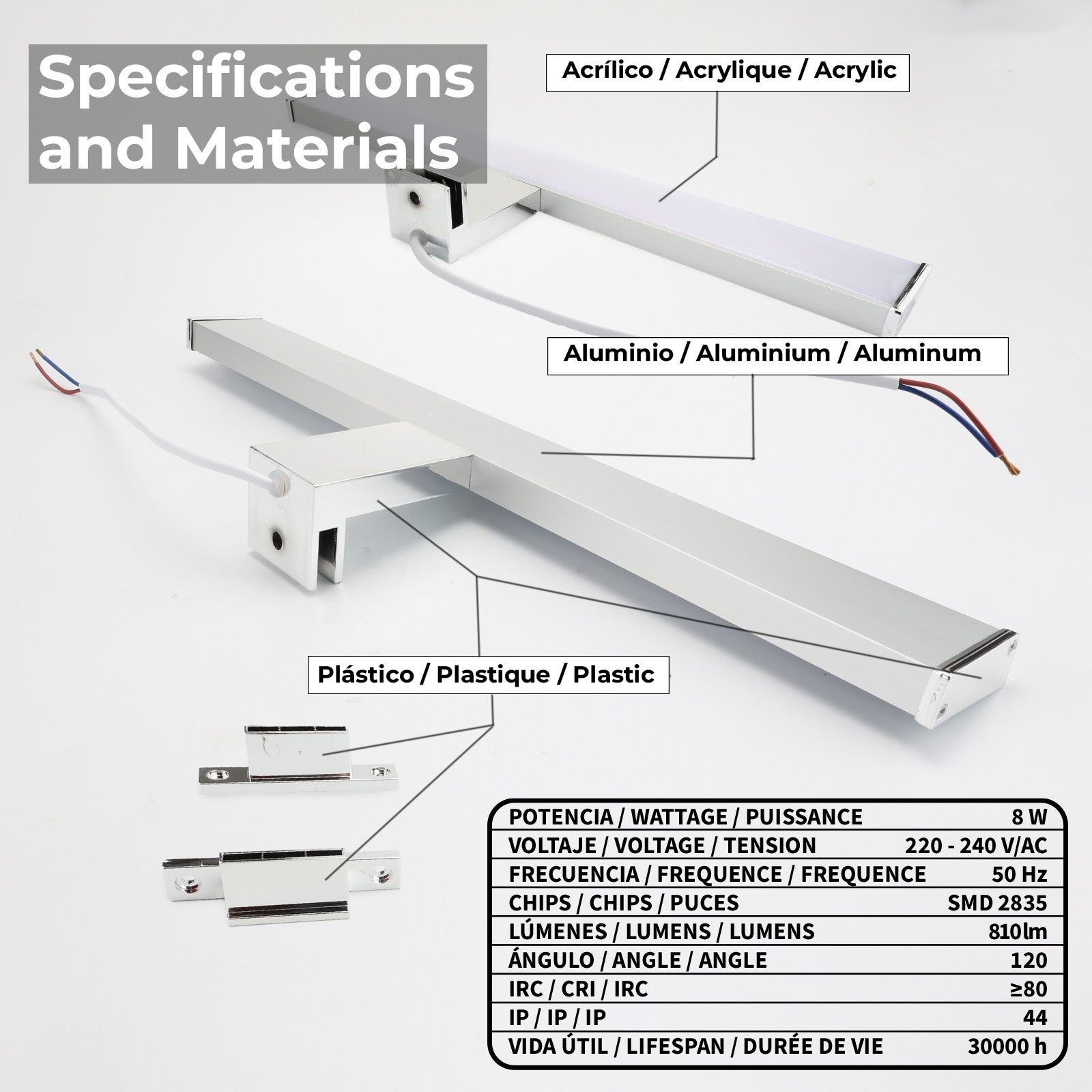 Aplique de Pared LED Slim para Baño y Espejo de Aluminio 10W-40cm-IP44 Luz Blanca Neutra 4000K, Cromado - 3
