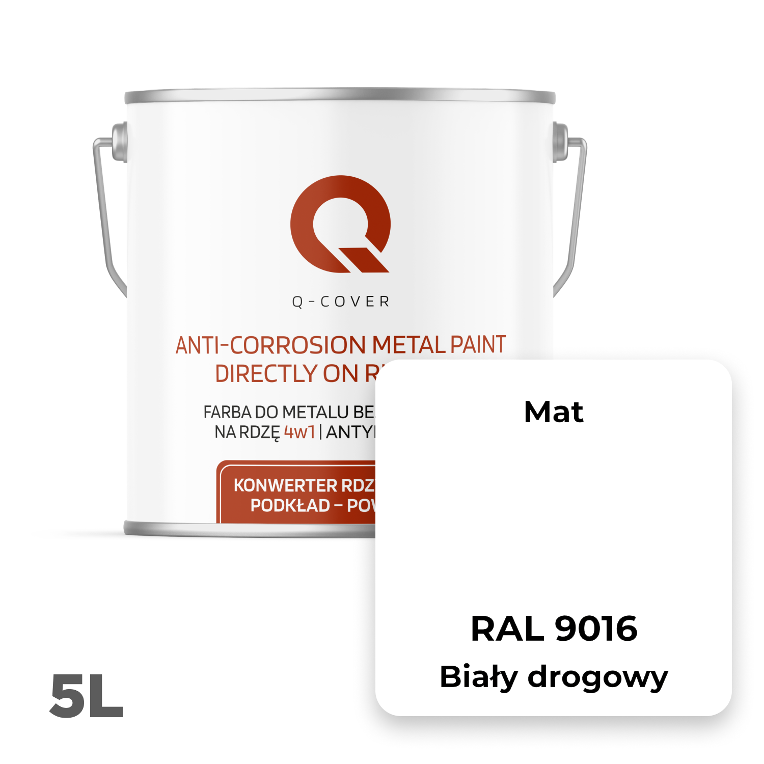 Farba do Metalu Prosto na Rdzę 4w1 Q-Cover Biały drogowy RAL9016 Mat 5L - 2