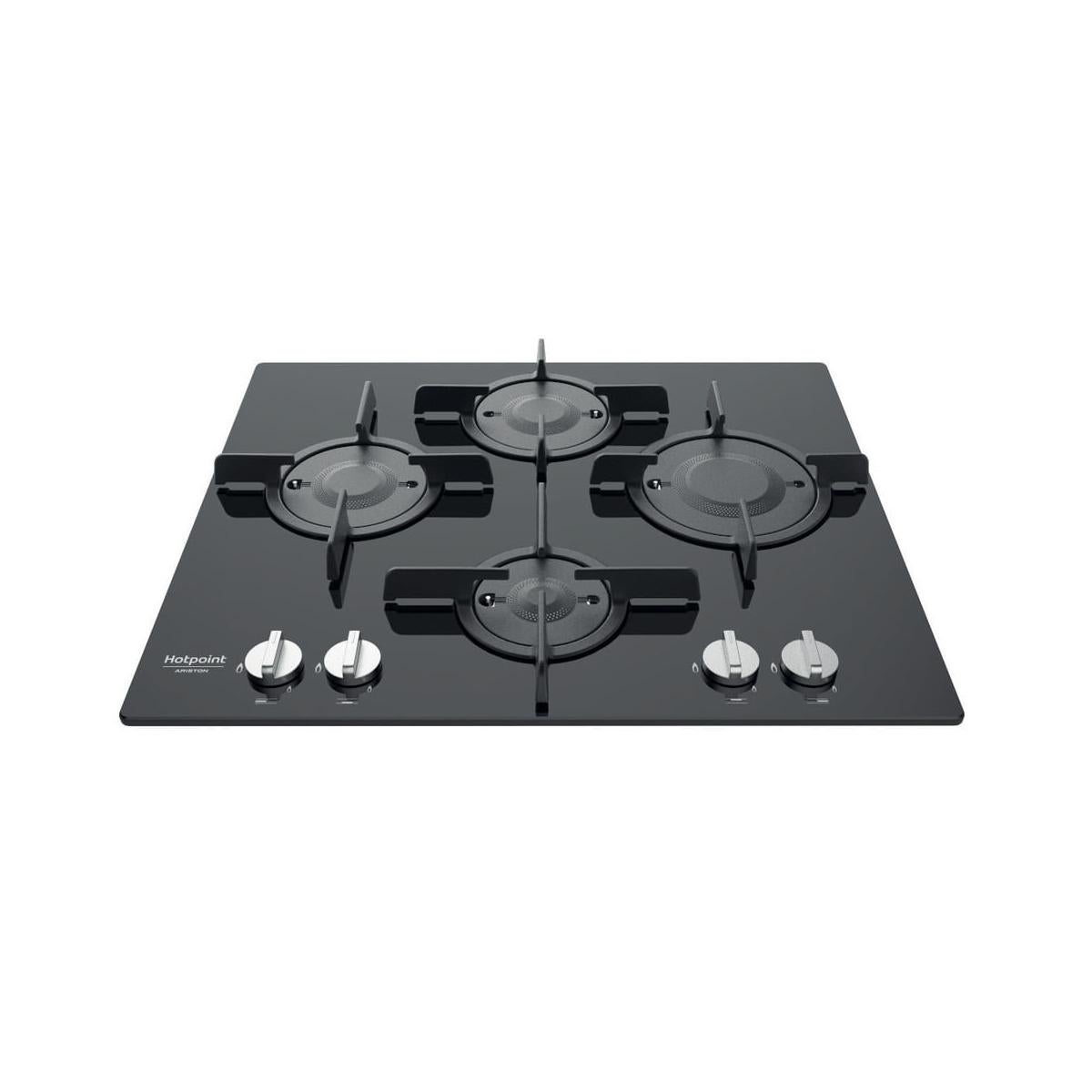 Placa de cocina empotrada hotpoint ftghg 641 d/ha(bk) de 60 cm, color negro, 4 fuegos y gas