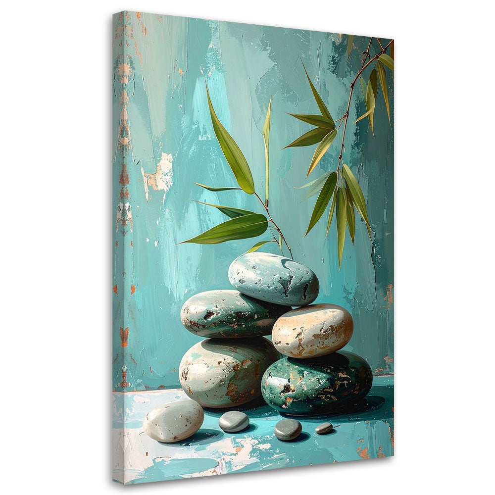 Obraz do salonu sypialni, Kamienie zen spa liście na turkusowym tle 30x45