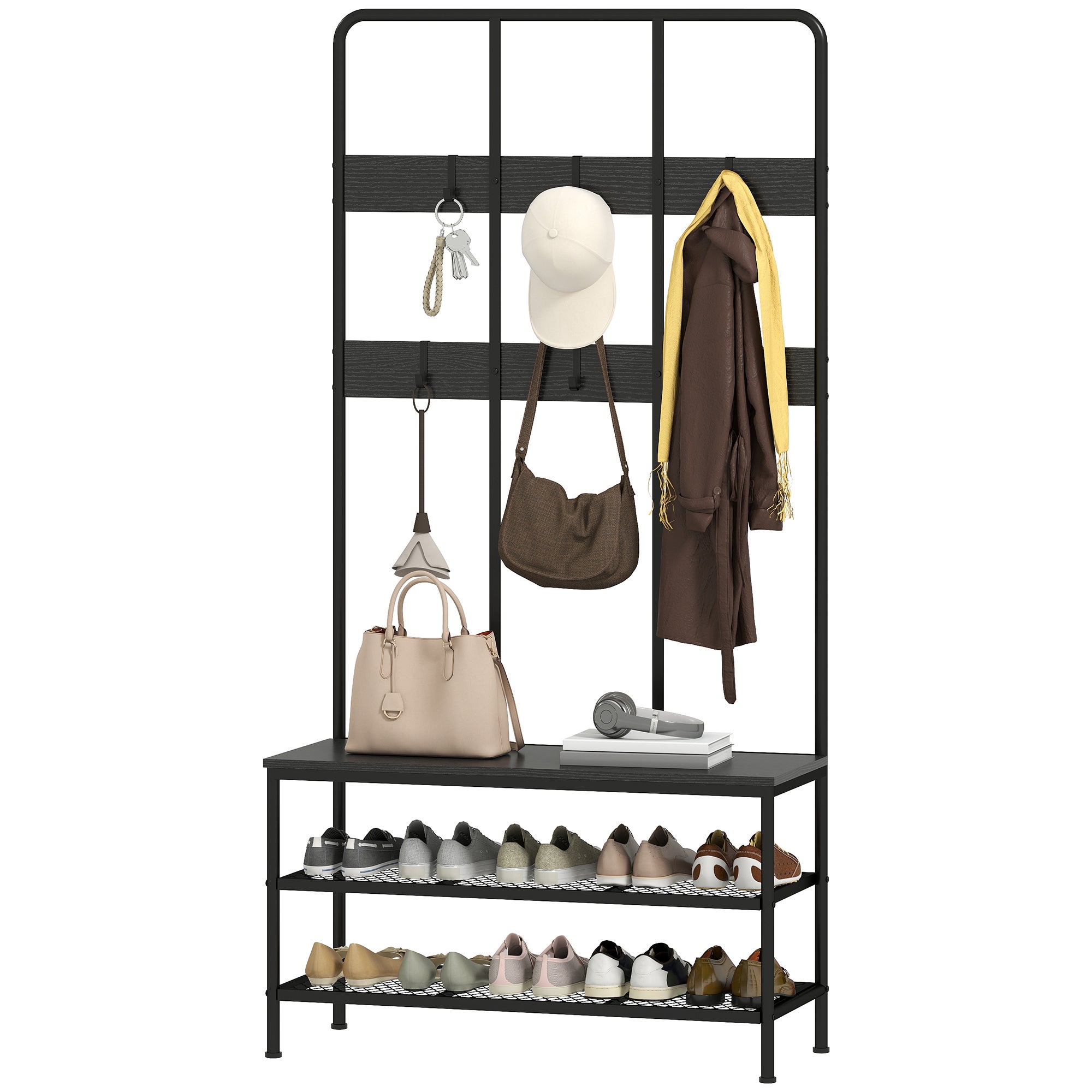 Commode 3 en 1 : porte-manteau, patère, banc, étagère à chaussures, métal, panneau de fibres, noir - 2
