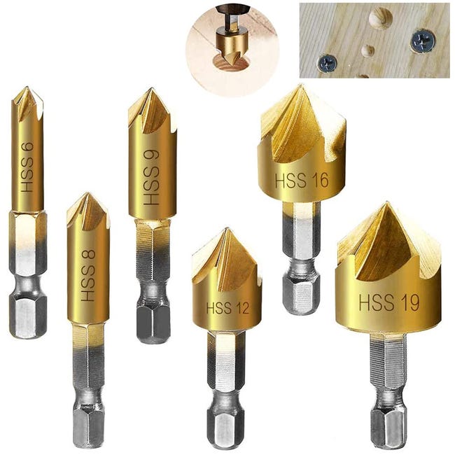 Zestaw 6 frezów fazujących HCS z gniazdem sześciokątnym 1/4", 5 wierteł do fazowania, wiertła stożkowe 6 mm/8 mm/9 mm/12 mm/16 mm/19 mm do drewna i m