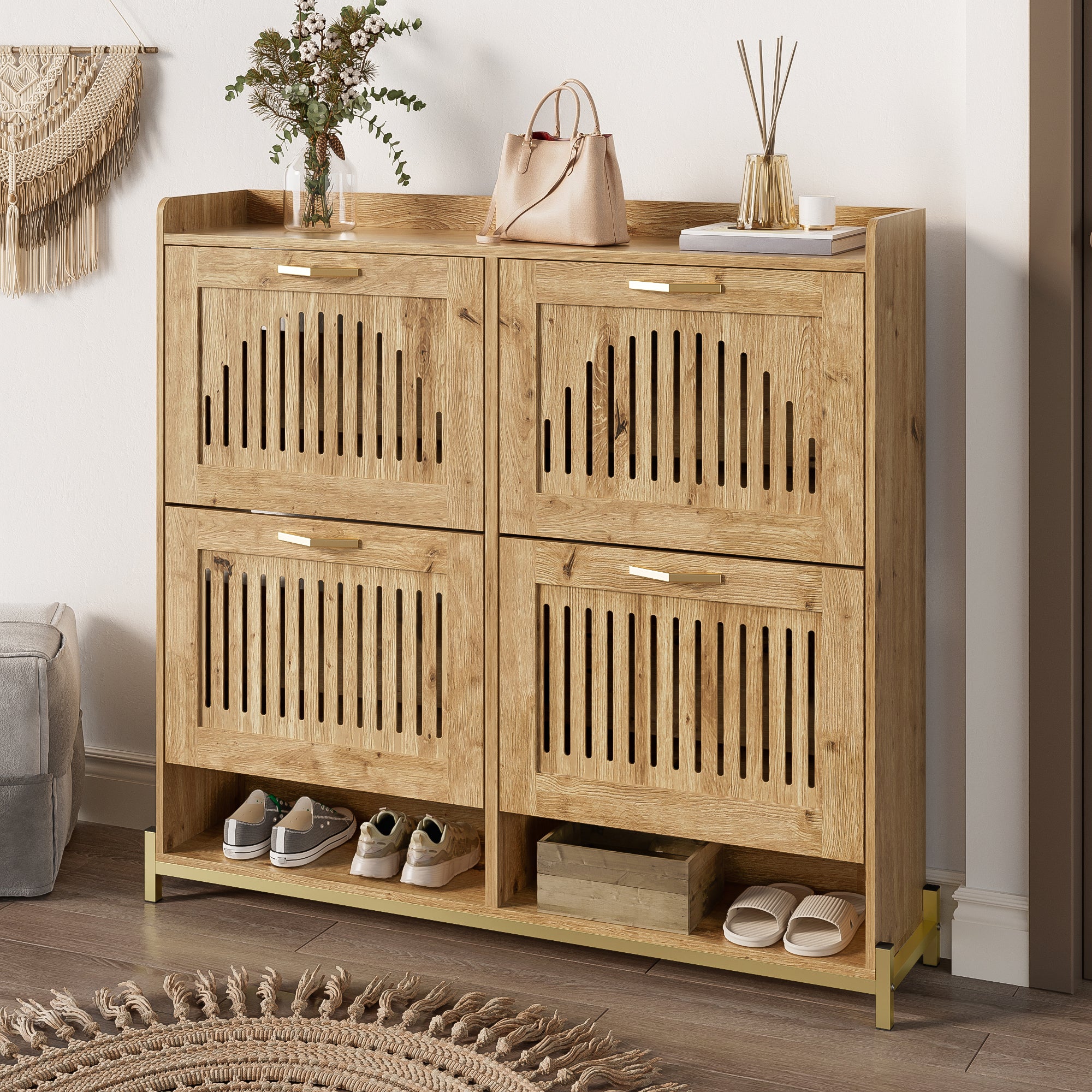 Meuble à chaussures avec 4 portes rabattables et 2 compartiments - 108.5 x 24 x 100 cm - MDF - Couleur bois - 6
