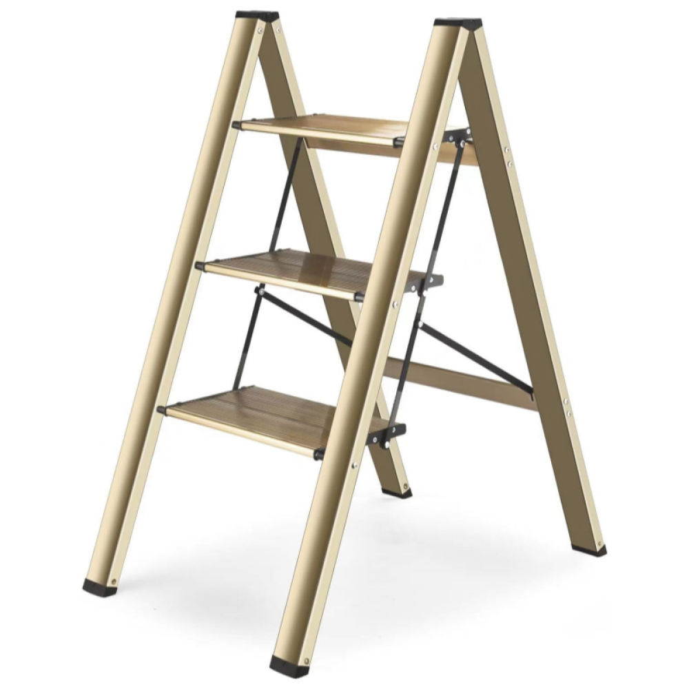 Escalera de aluminio dorada 3 peldaños plegable, taburete antideslizante, ligera portátil para hogar cocina, soporta hasta 150 kg