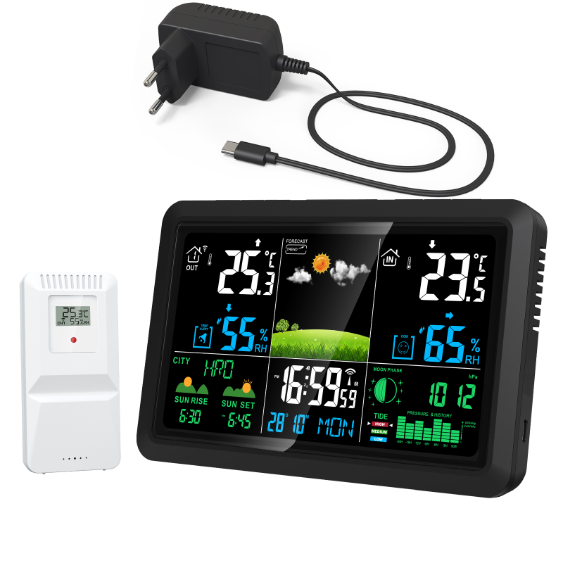 Station Météo à Écran Tactile avec Capteur Sans Fil, Réveil, Thermomètre, Hygromètre, Heures de Lever et Coucher du Soleil
