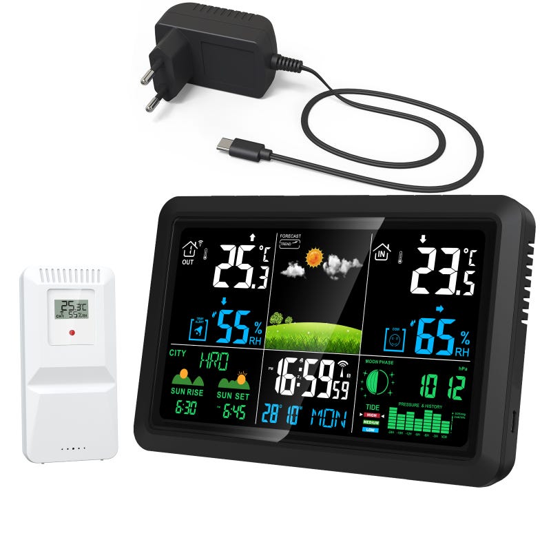Station Météo à Écran Tactile avec Capteur Sans Fil, Réveil, Thermomètre, Hygromètre, Heures de Lever et Coucher du Soleil Station Météo à Écran Tactile avec Capteur Sans Fil, Réveil, Thermomètre, Hygromètre, Heures de Lever et Coucher du Soleil