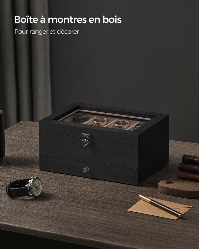 Boîte à Montres 8 Emplacements, Écrin à Montres en Bois, avec Couvercle en Verre, Coussinets pour Montres, Doublure en Velours, Noir Boisé - 4