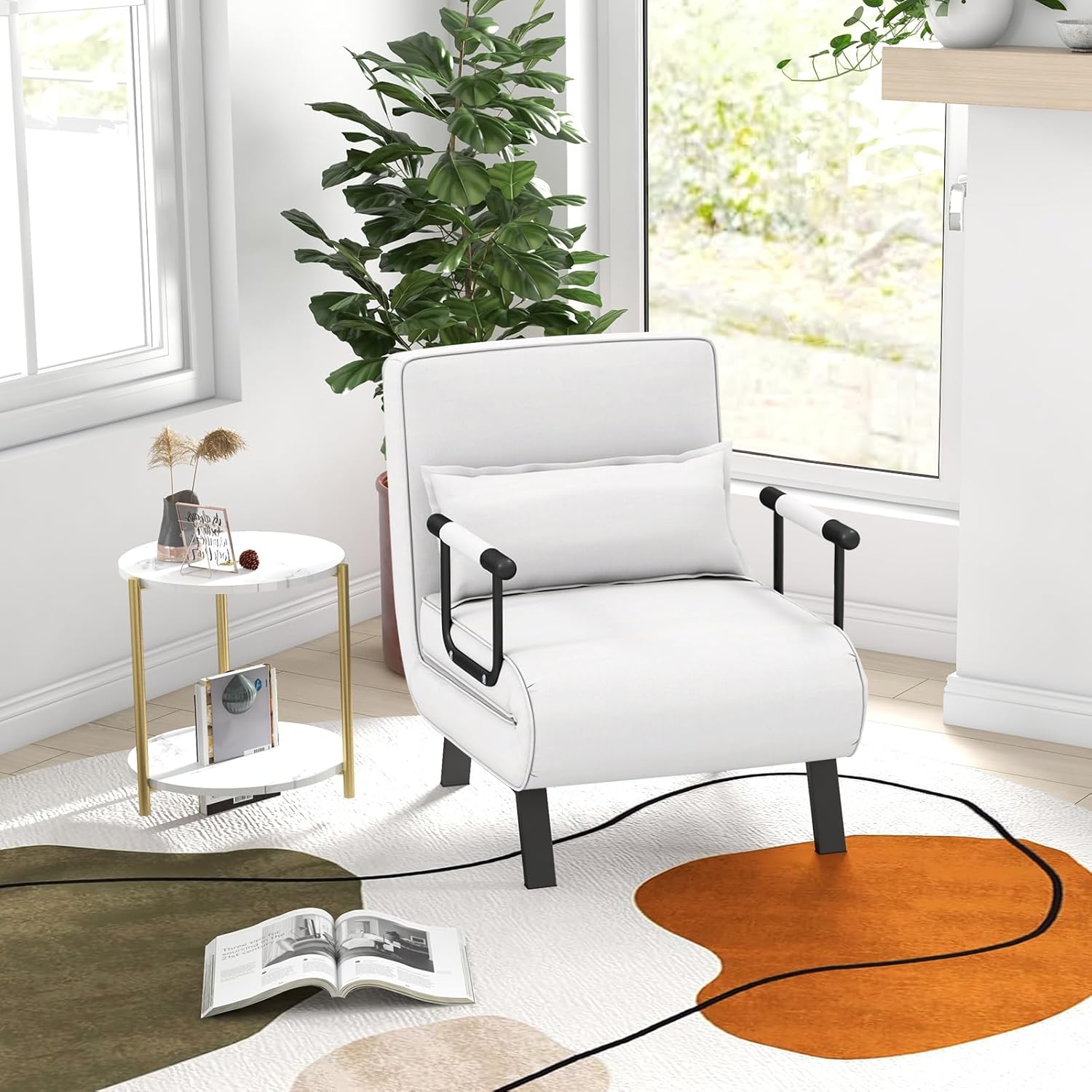 Canapé-lit Convertible, Fauteuil Convertible Lit, avec Dossier Réglable en 6 Positions, Oreiller Amovible, Canapé-lit Pliable 1 Place (Blanc) - 2