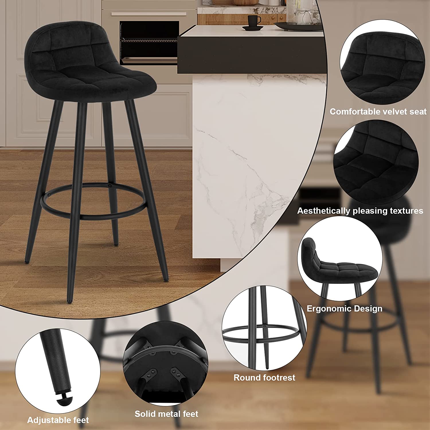 Lot de 2 Tabourets de Bar Modernes WOLTU, Chaise de Cuisine Haute en Velours et Métal, Hauteur d'Assise 70cm, Noir - 5