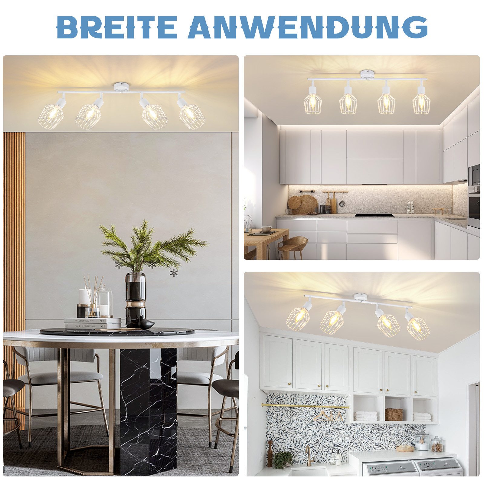 NETTLIFE Foco de Techo，4 luces E14 - Metal, Lámpara de Pasillo Industrial Giratoria 350°, Aplique de Pared para Pasillo y Sala de Estar, Blanco - 9