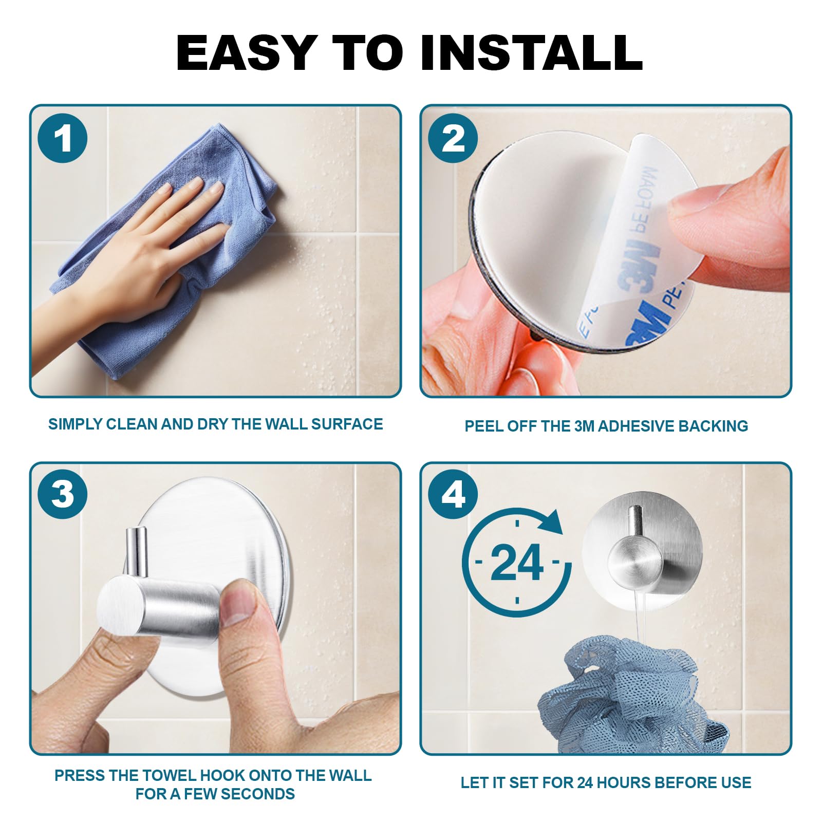 4 ganci in acciaio inossidabile, ganci adesivi resistenti senza foratura, ganci per abiti da bagno, ganci per riporre gli oggetti in cucina - 5