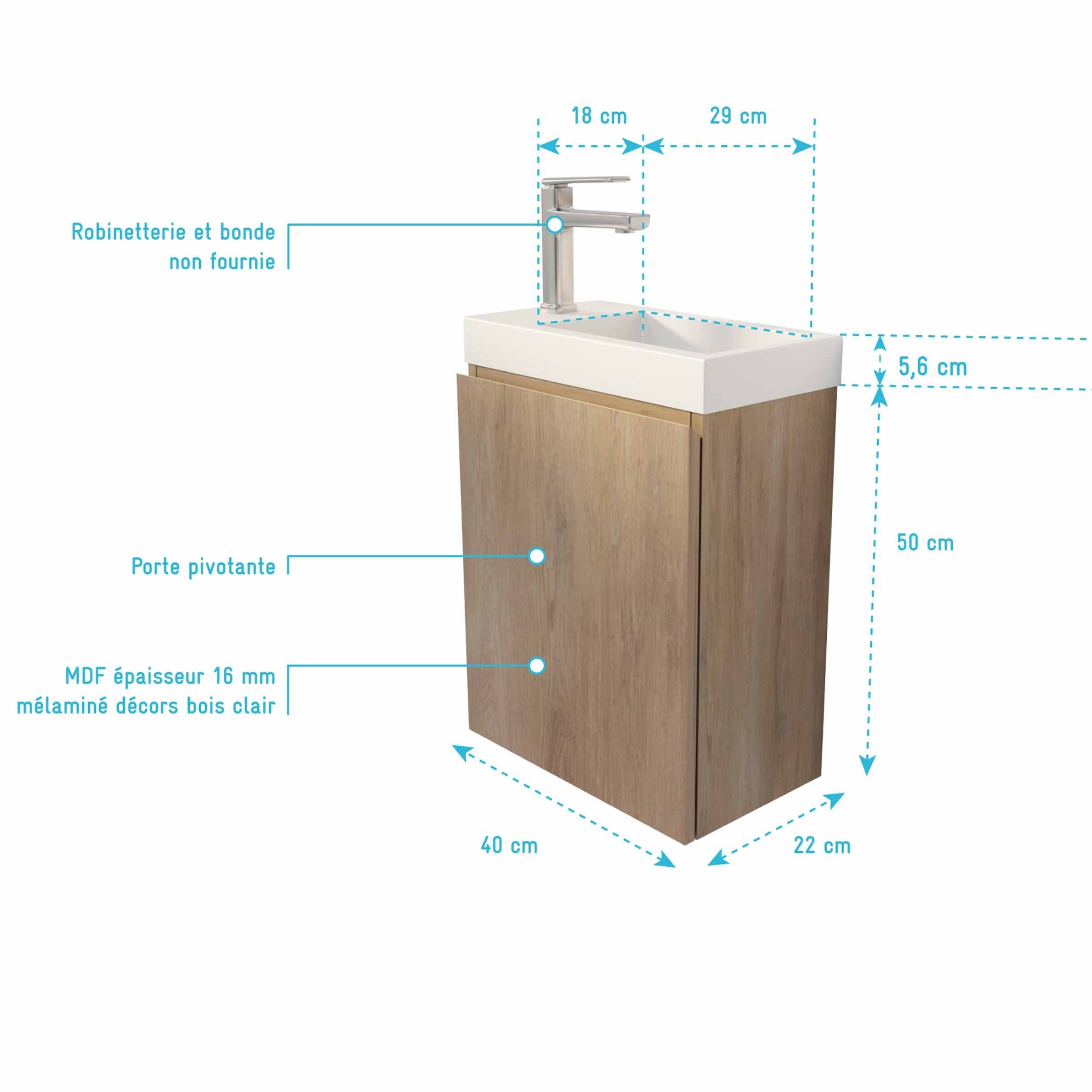 Meuble Lave Mains Décor Bois 40x50x22 cm avec Vasque en SMC Blanche - ELEMENTARY - 4