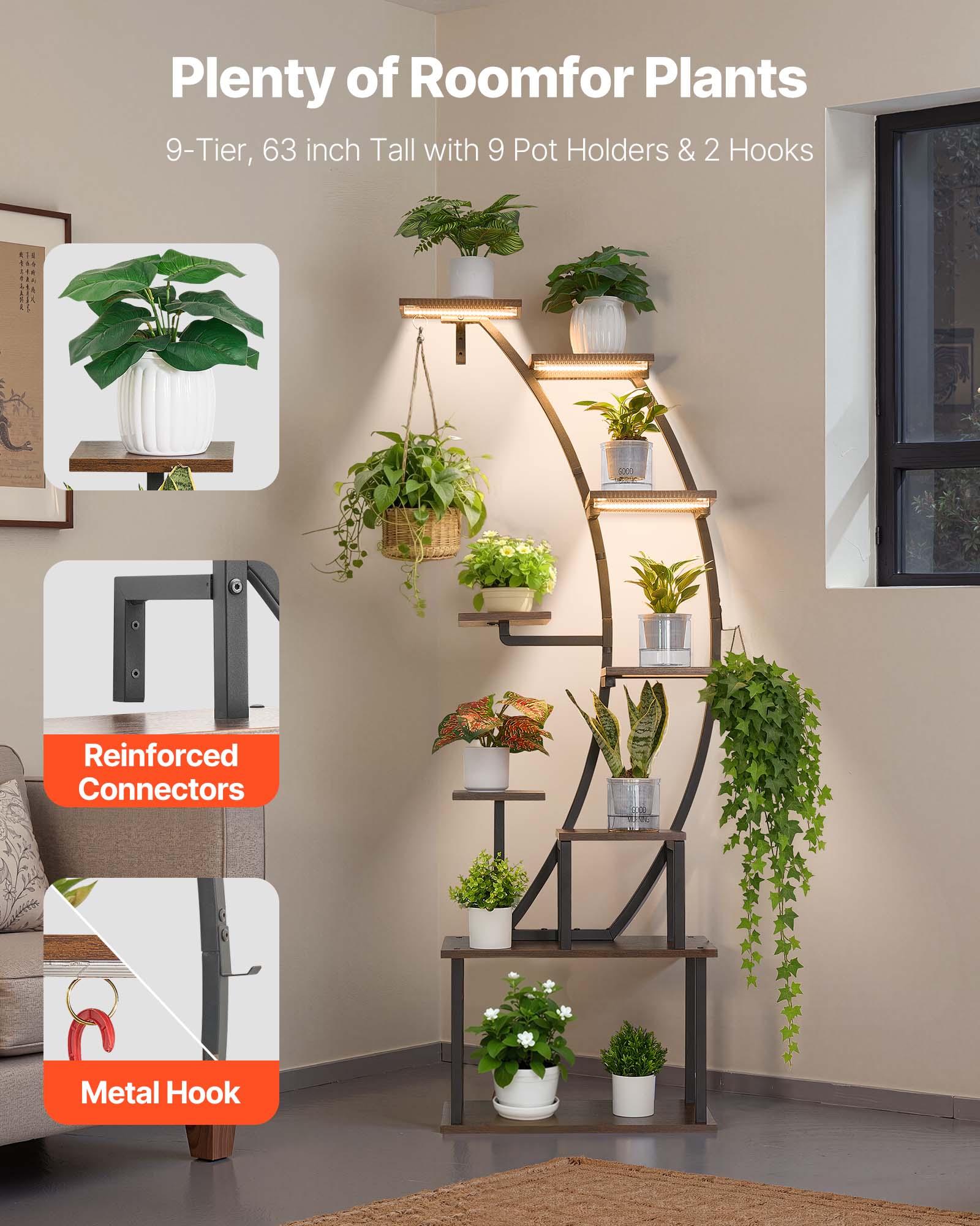 Support Plantes Intérieur VEVOR avec Lampe Croissance, 9 Niveaux, 160 cm, 3 Réglages Minuterie, 10 Niveaux Luminosité, Fleurs Incurvé pour Déco Salon - 2