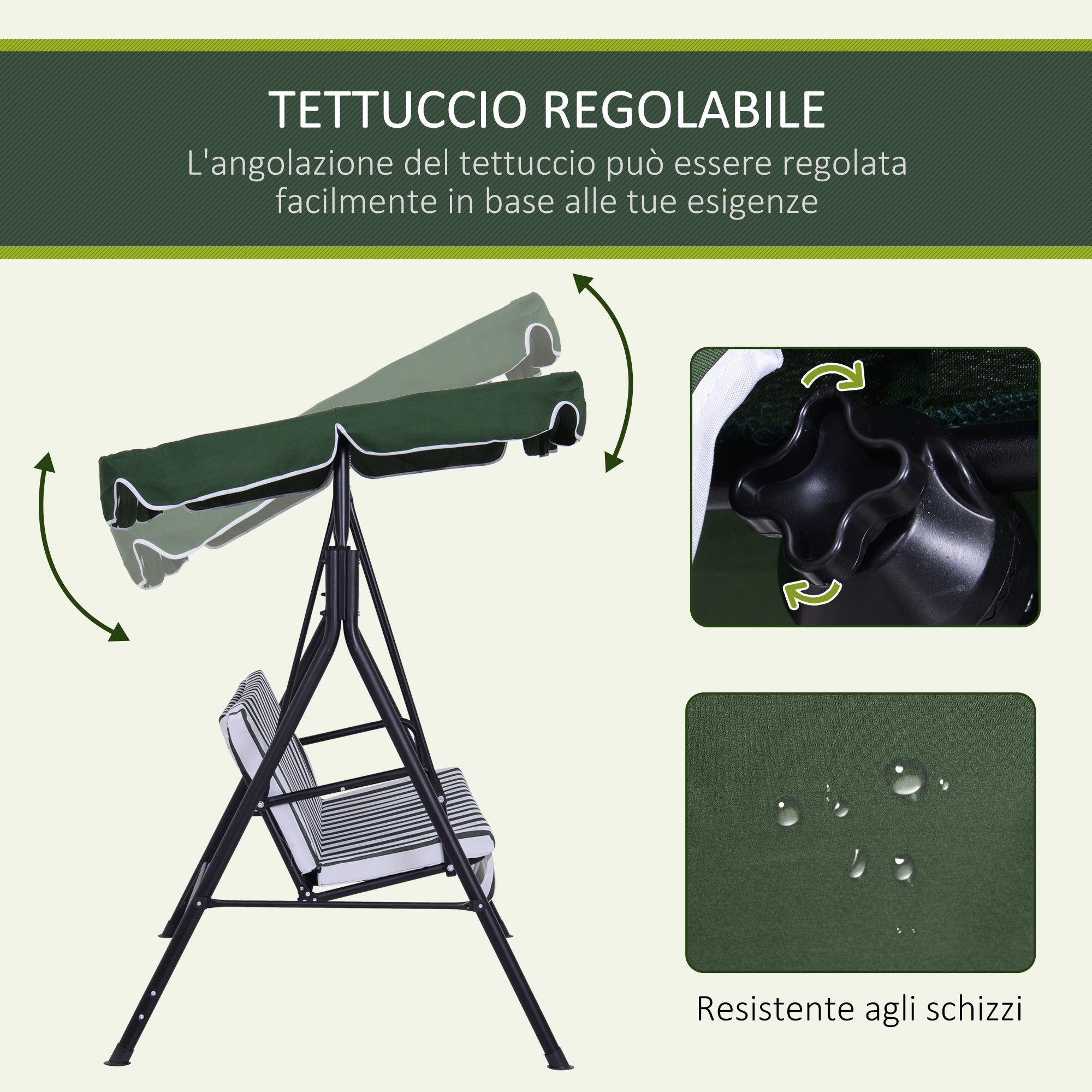 Outsunny Dondolo da Giardino a 3 Posti con Tettuccio Inclinabile e Cuscini, 172x110x153 cm, Verde - 4