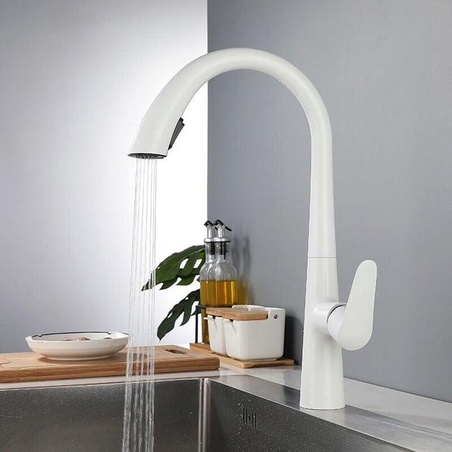 Grifo de cocina blanco con rociador extraíble, monomando, giratorio 360°, con agua fría y caliente.