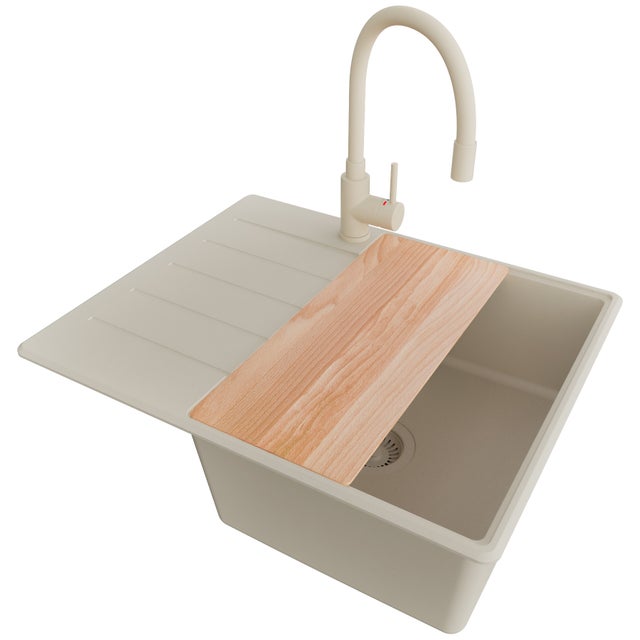 Evier Cuisine en Granit Beige 62x50cm, Lavabo 1 bac + Kit de Vidage + Accessoire, Évier à Encastrer au meuble 45cm - Copenhague PRIMAGRAN