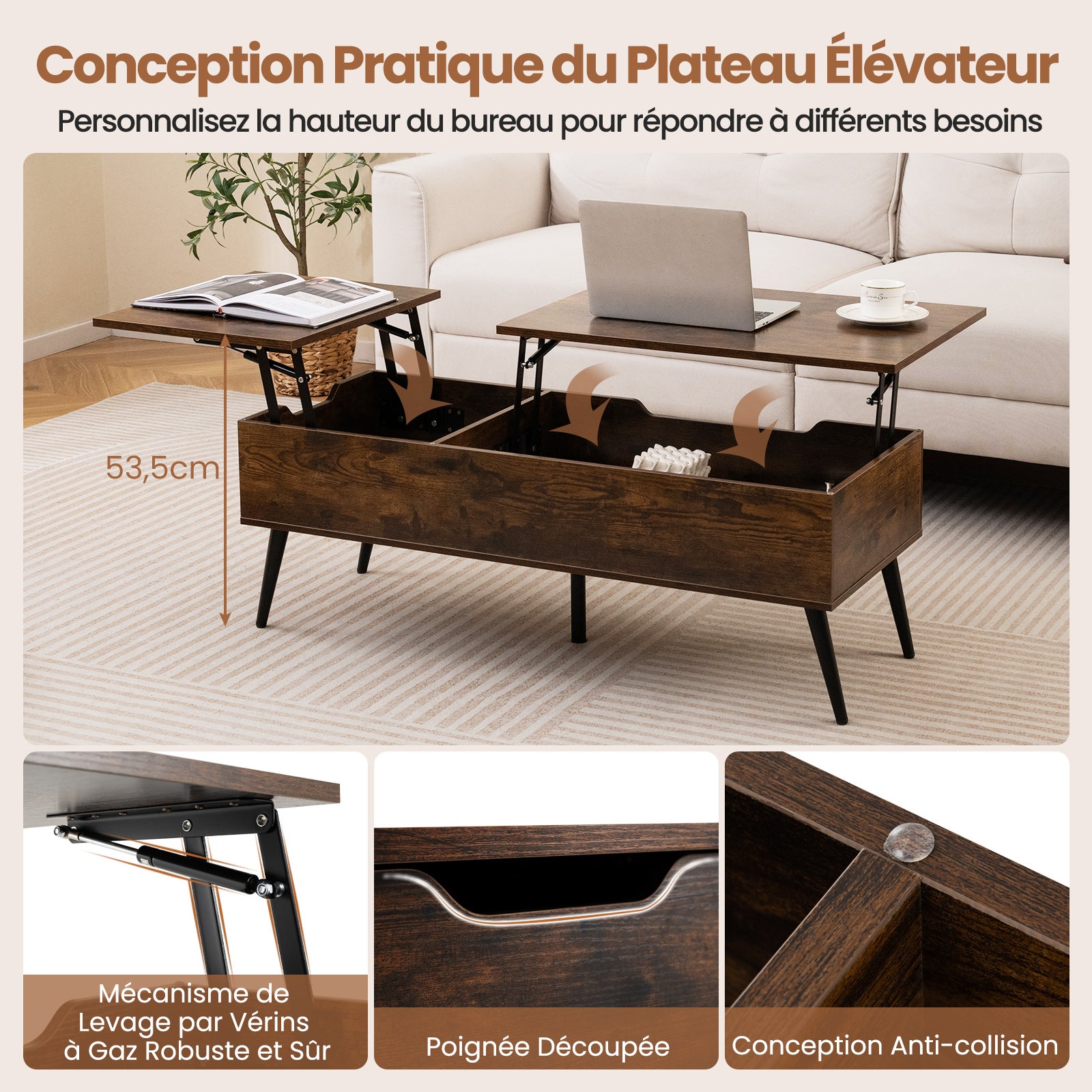 Stolik kawowy z regulacją wysokości, stół do salonu z podnoszonym blatem i 2 ukrytymi półkami, sbiura, 111 x 48 x 40-53,5 cm (brązowy) - 5