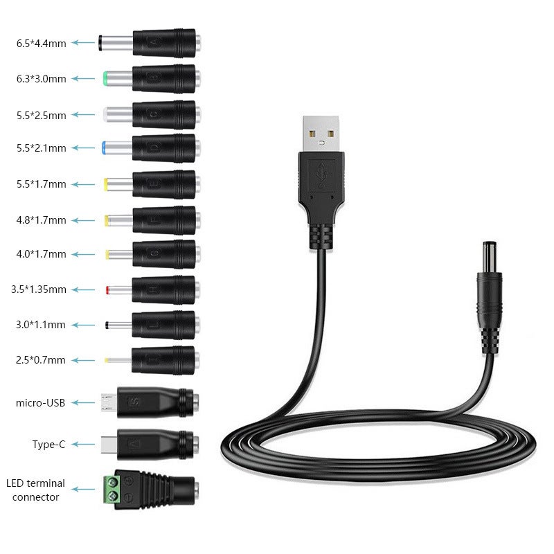 VISQH Cavo USB Alimentazione Con 10 Connettori DC – Micro USB, Type-C, Mini USB E Altro – 5V 3A Per Altoparlanti, Power Bank, Luci LED