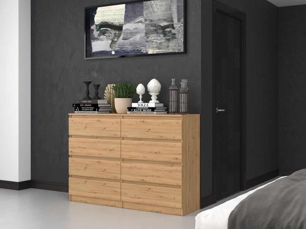 MILAN - Commode large 8 tiroirs chambre salon - 97x138x40 - Design minimaliste - Meuble de rangement - Aspect bois - Chêne - 6