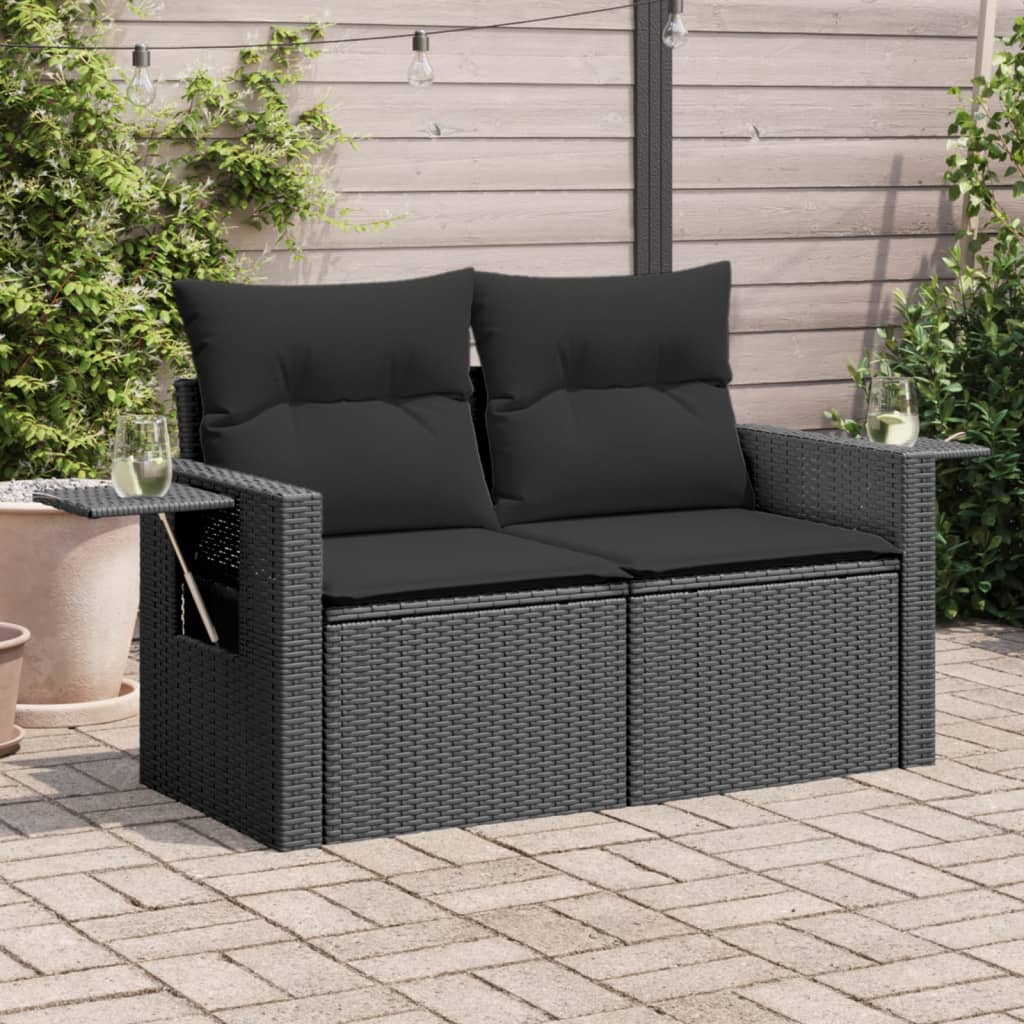 Sofa ogrodowa z poduszkami, 2-osobowa, czarna, polirattan vidaXL