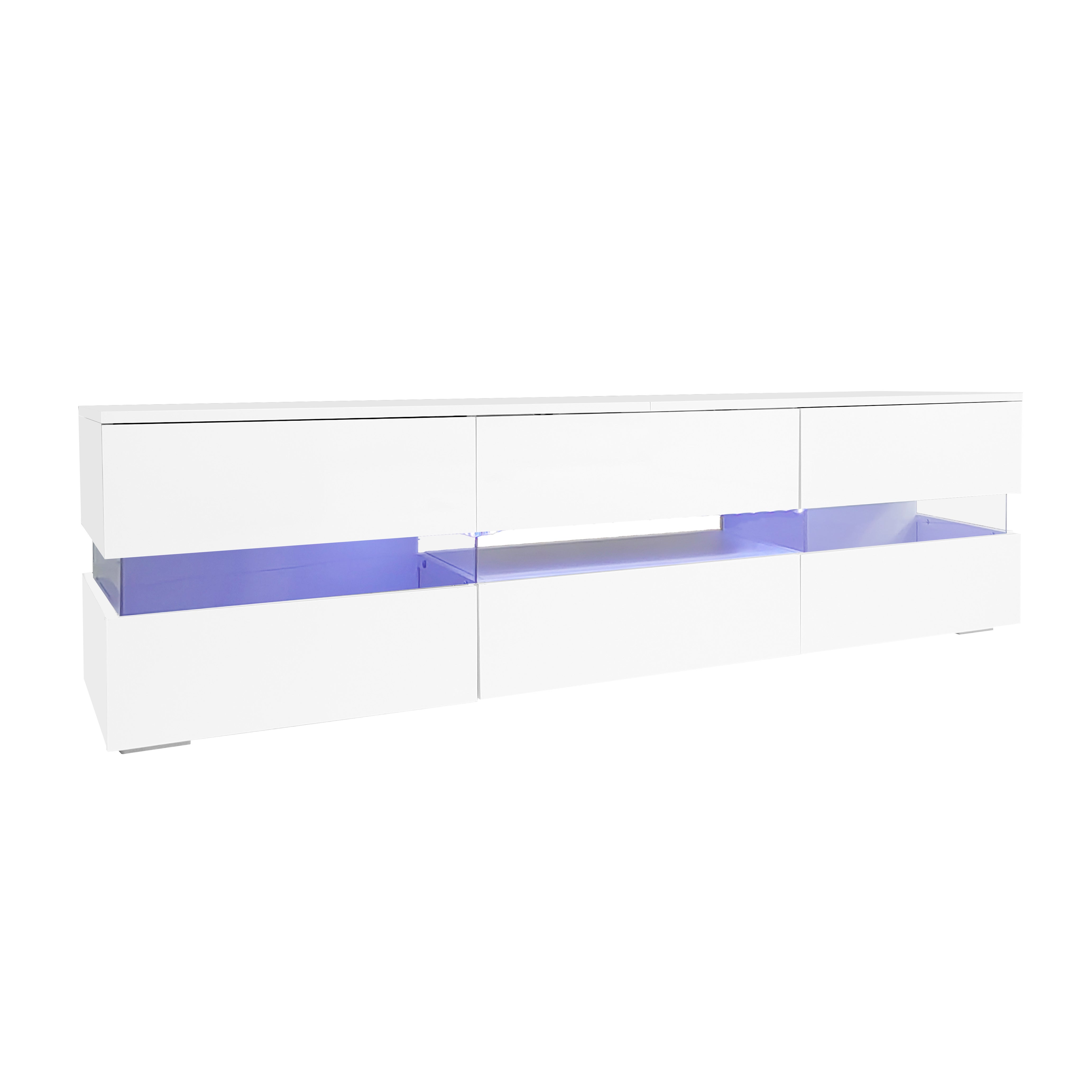 Meuble TV avec 2 portes, 2 tiroirs, compartiment ouvert - 160 x 39 x 45 cm - Panneau de particules - LEDs - Blanc brillant - 9