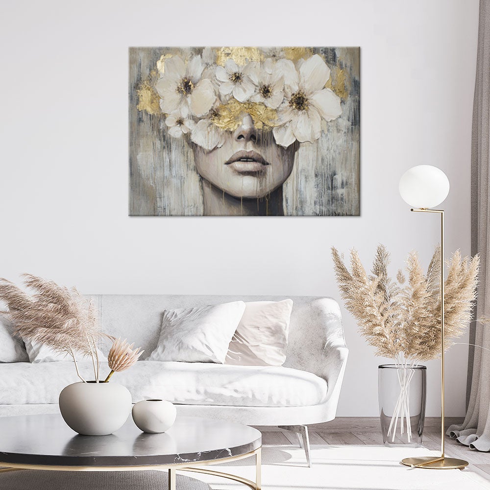 Quadro su tela, Donna Fiori Beige dorato - 90x60 - 2