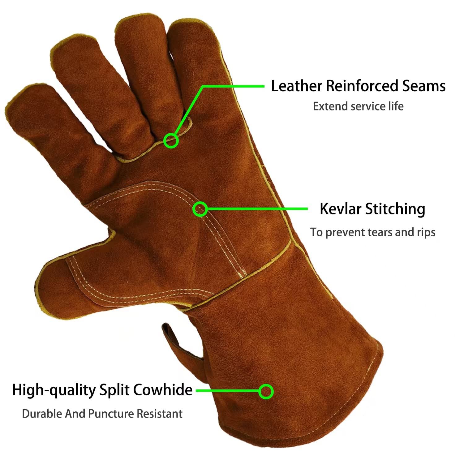 Gants de soudage résistants à la chaleur et au feu en cuir pour cheminée, barbecue, soudure, grill, four, poêle - 3