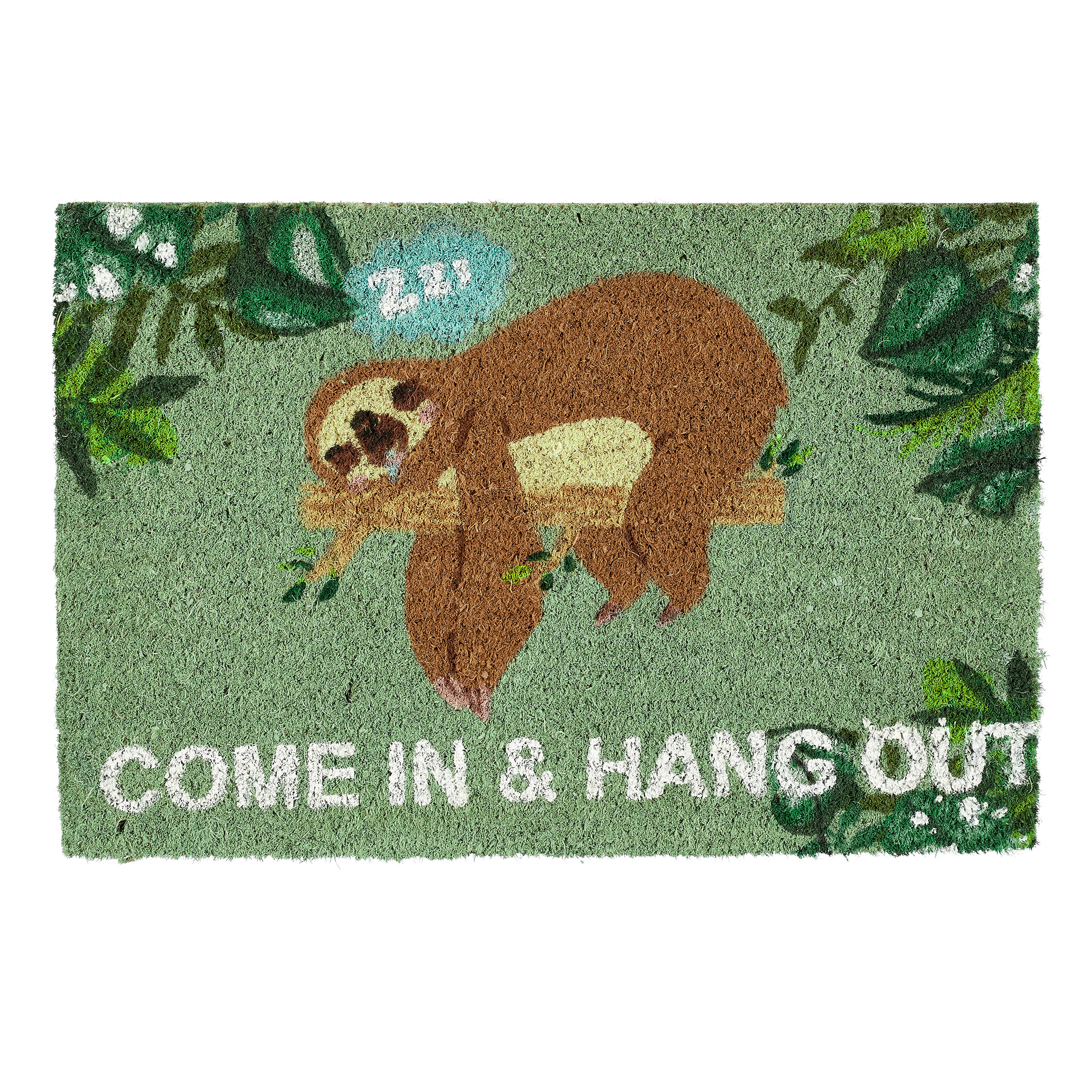 Relaxdays felpudo de coco, mensaje come in & hang out, estampado perezoso, alfombra puerta entrada, verde y marrón