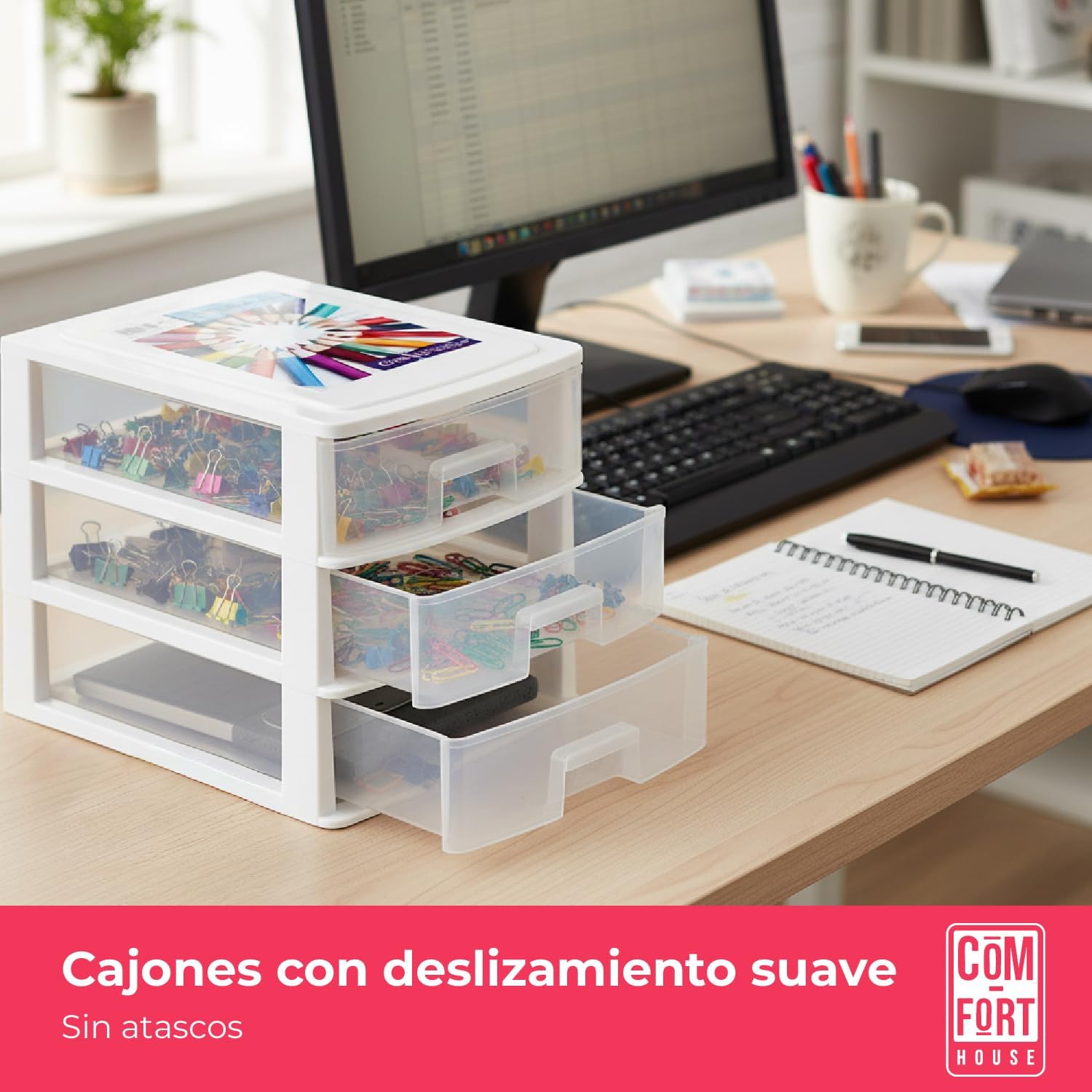 COM-FORT HOUSE | Cajonera Apilable de Plástico | Modelo Transparente | Color Blanco | Modelo de 3 Cajones | Cajones de Almacenamiento Modular - 4