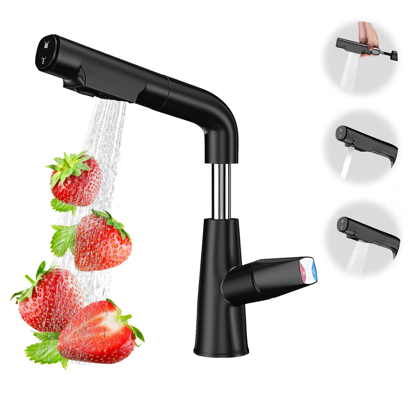 Czarny kran kuchenny z wyciąganą wylewką 70 cm, bateria zlewozmywakowa ze stali nierdzewnej, 2 strumienie wody, obrót o 360° do łazienki i kuchni