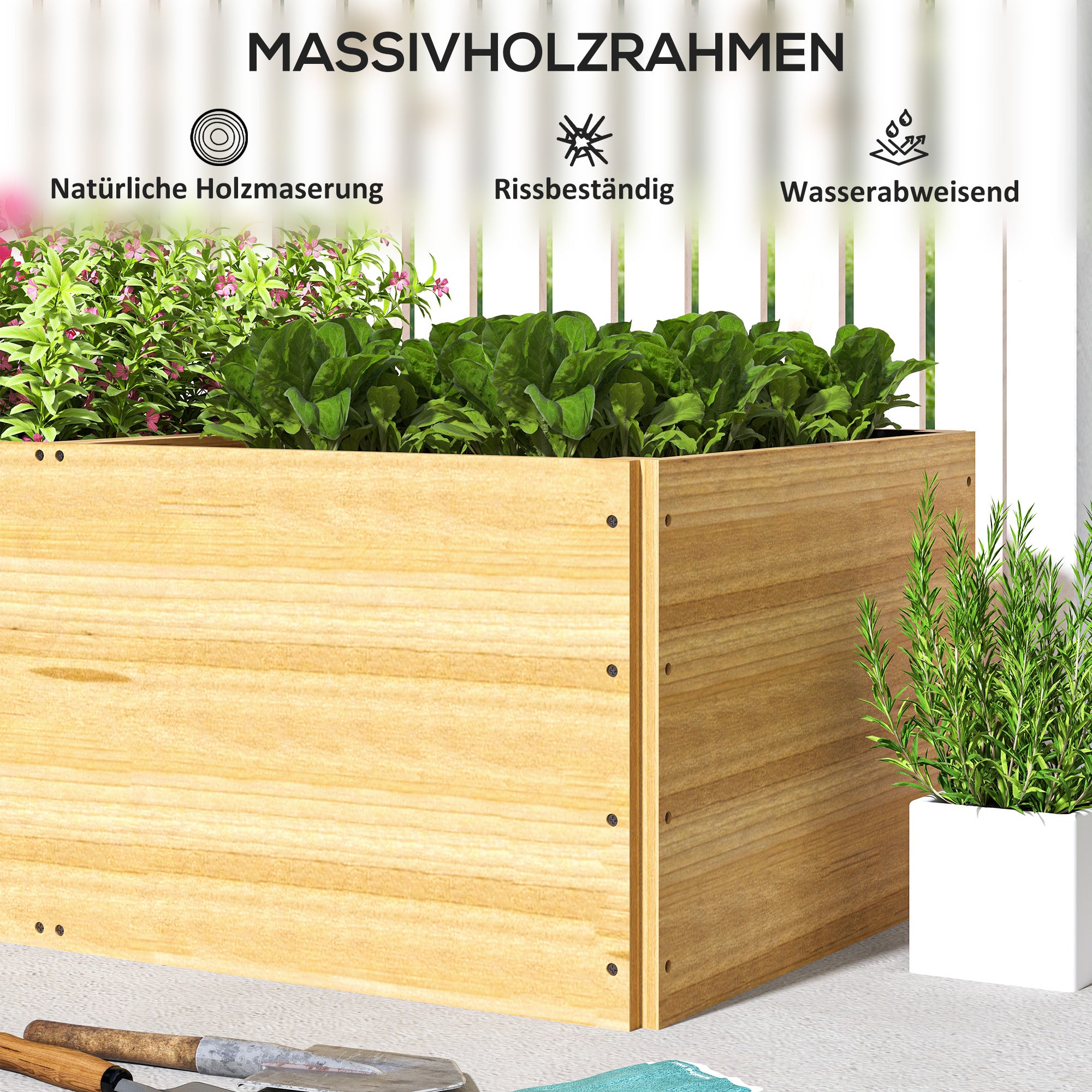 Potager surélevé en bois avec 3 zones de plantation, pour légumes, herbes aromatiques et fleurs, 140 x 60 x 40 cm - 9