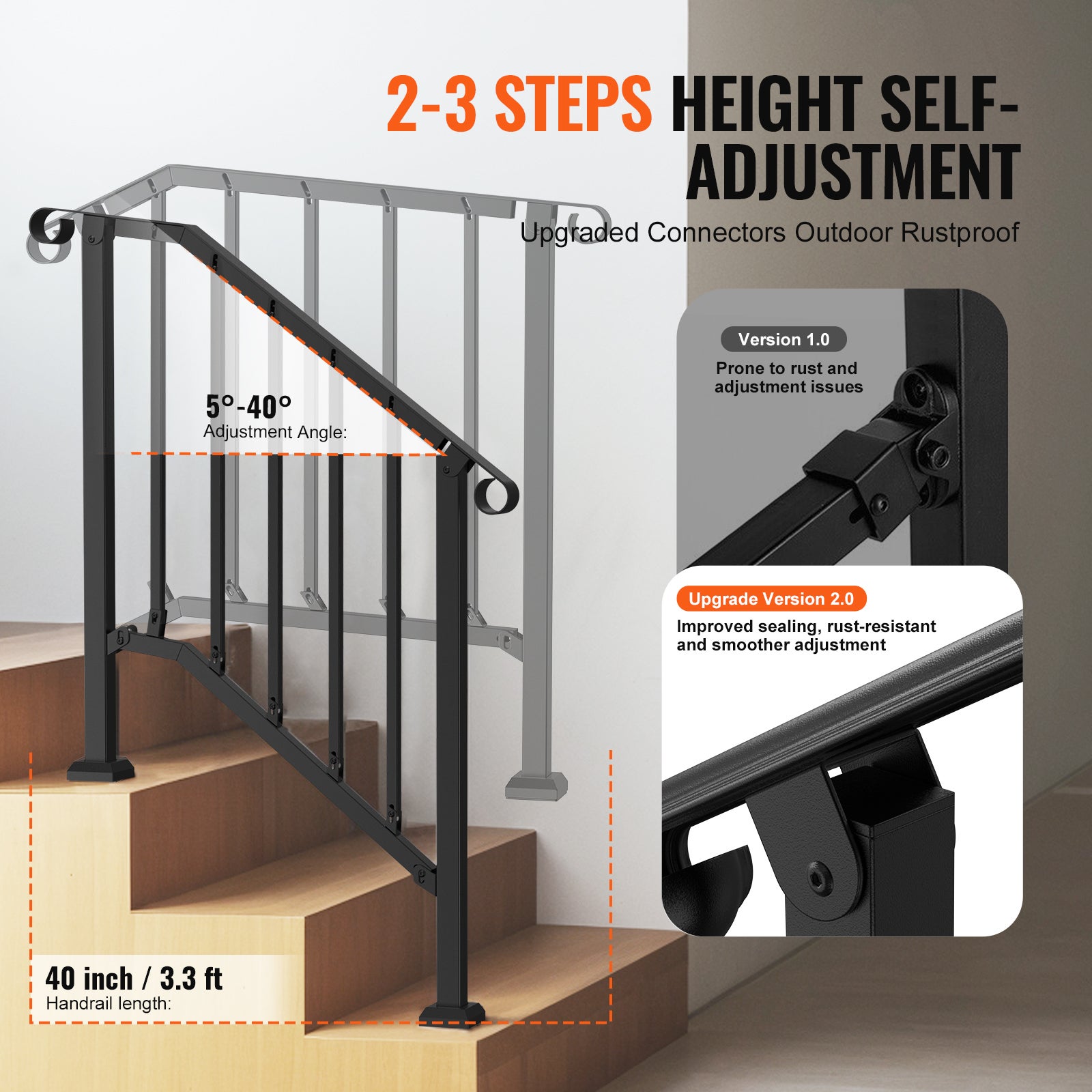 Rampe d’Escalier 2-3 Marches Extérieures,VEVOR Courante Acier Carbone Kit d’Installation,Noir,pour Personnes Âgées,Marches Béton,Porche,Terrasse - 3